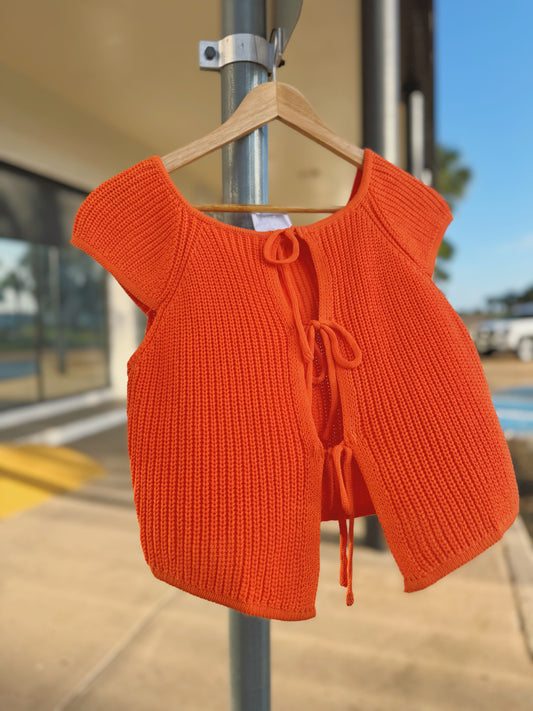 Orange Summer Front Tie Sleeveless Cardigan
