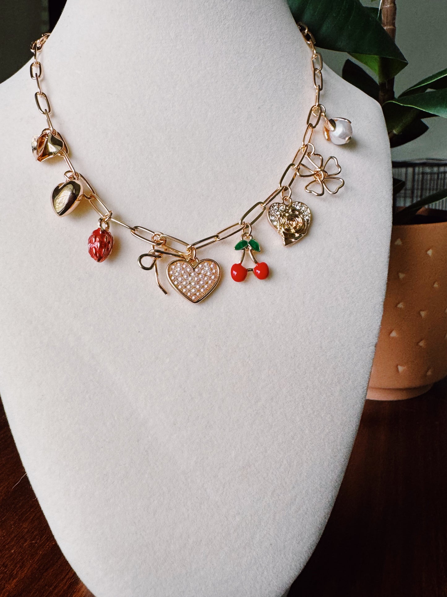 Heart-Cherry Gold Multi-Charm Necklace