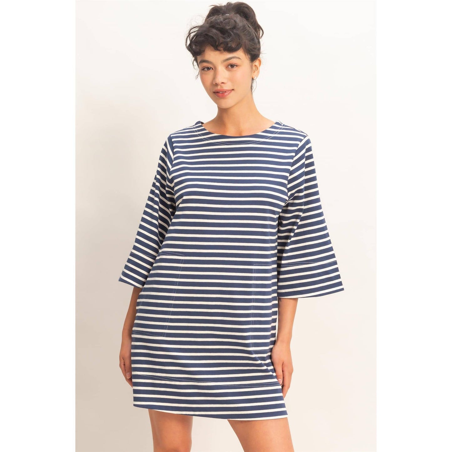Striped Round Neck Half-Sleeve Mini Dress