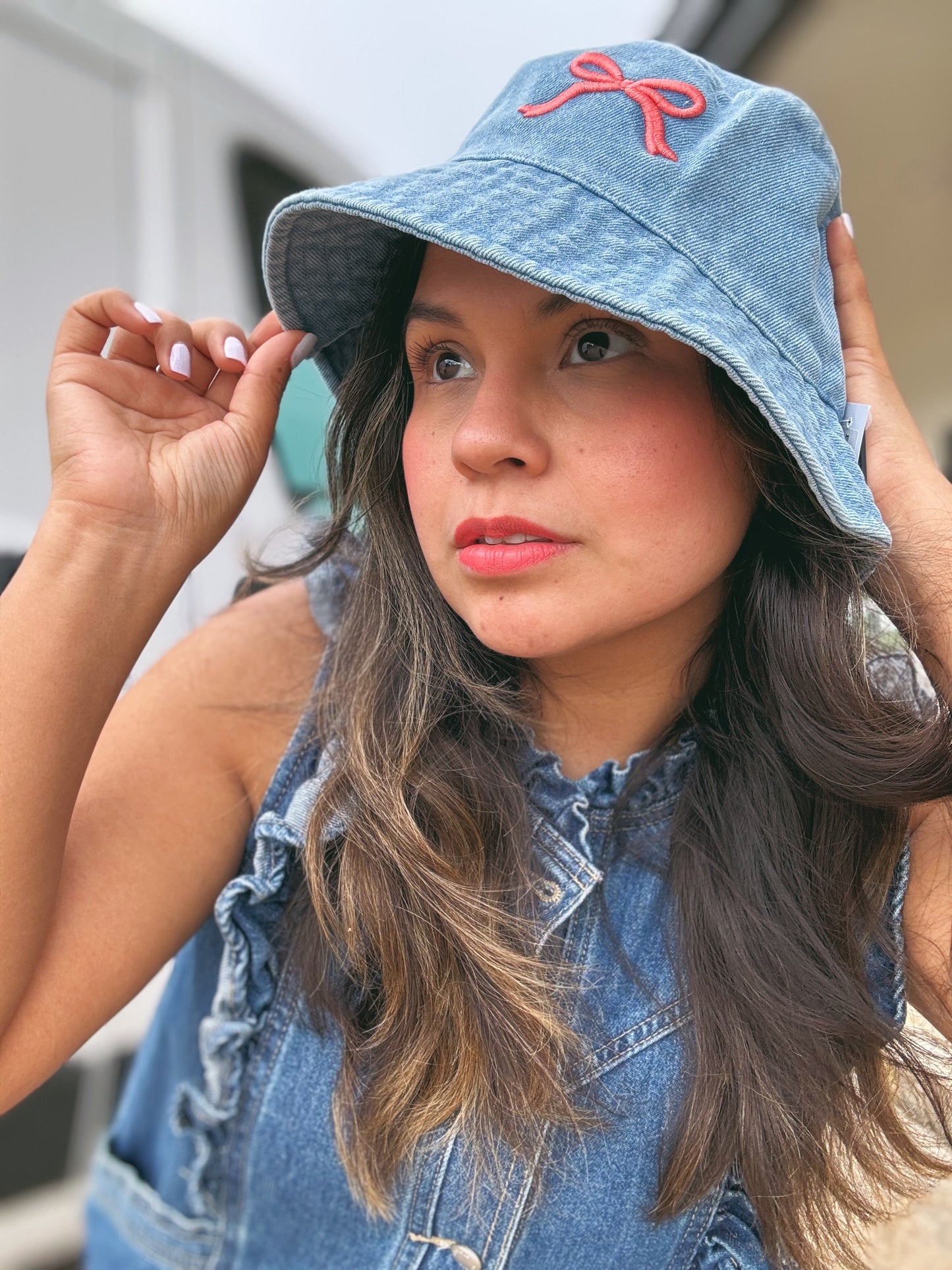 Denim Bow Embroidered Bucket Hat