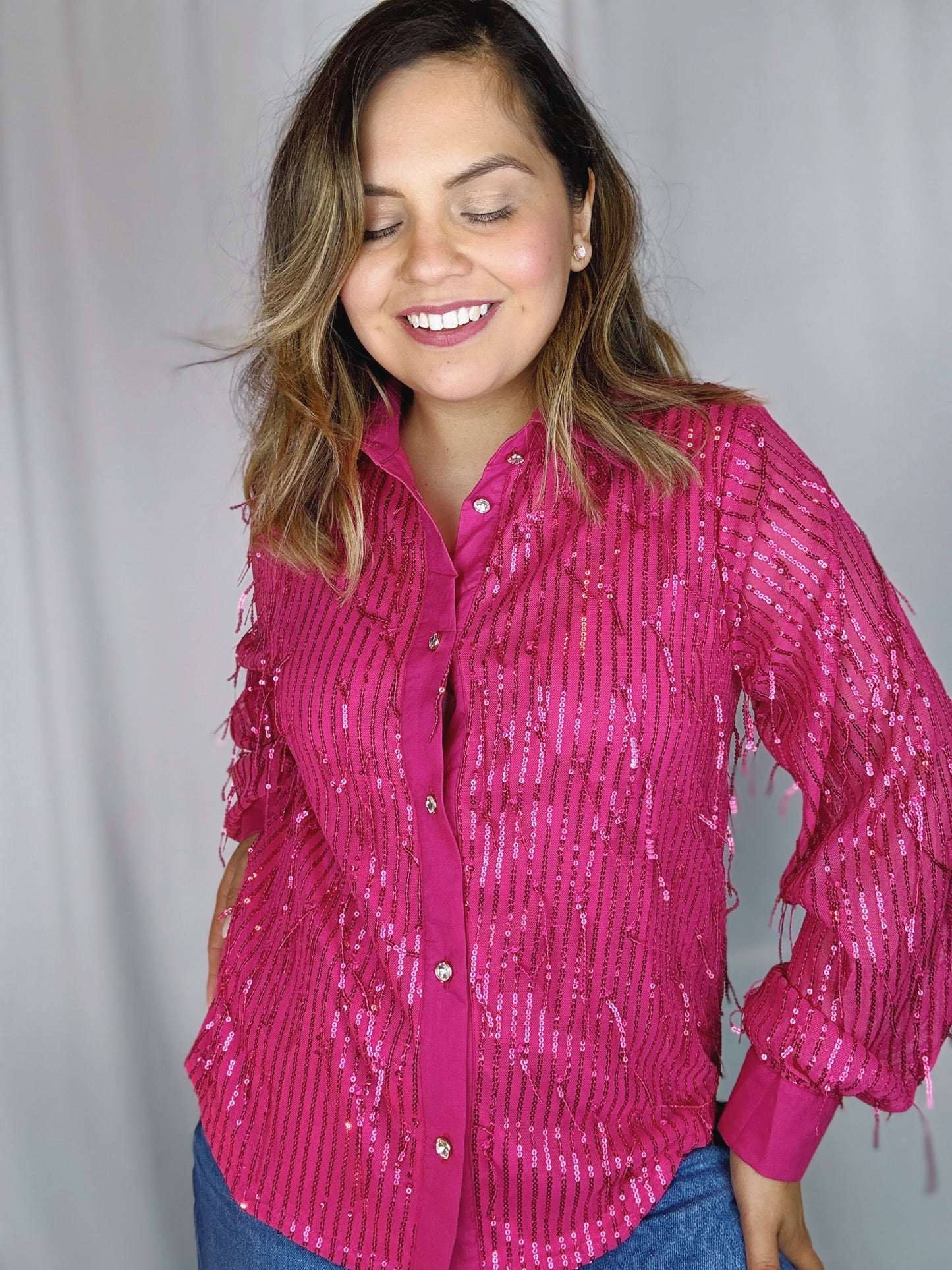 Fuchsia Sequin Queen Button Up Shirt