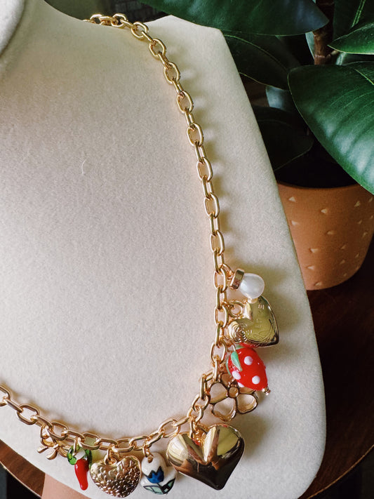 Heart-Strawberry Gold Multi-Charm Necklace