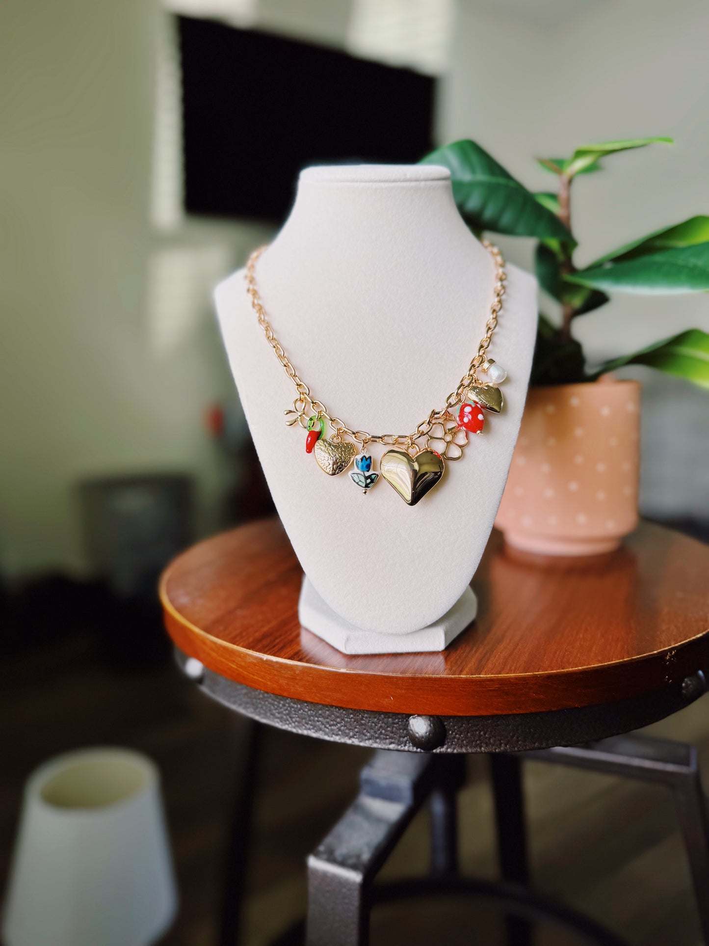 Heart-Strawberry Gold Multi-Charm Necklace