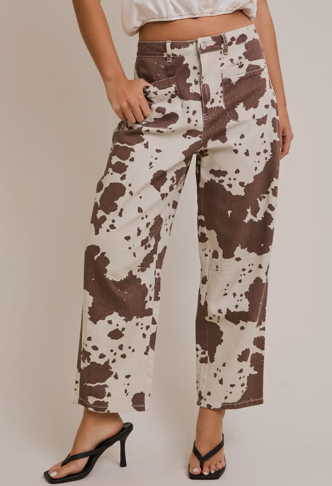 Cow Print Brown Barrel Pants