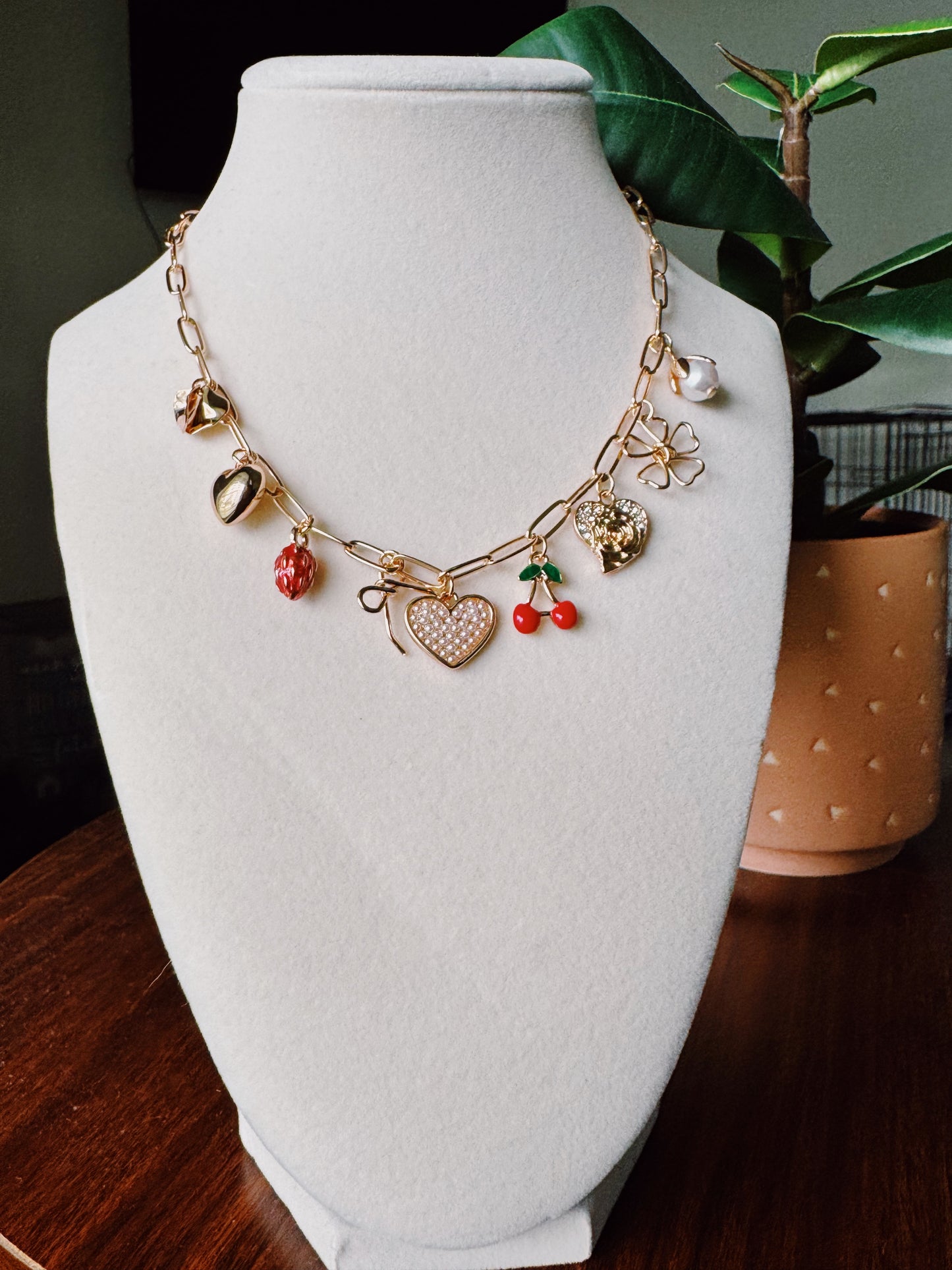 Heart-Cherry Gold Multi-Charm Necklace