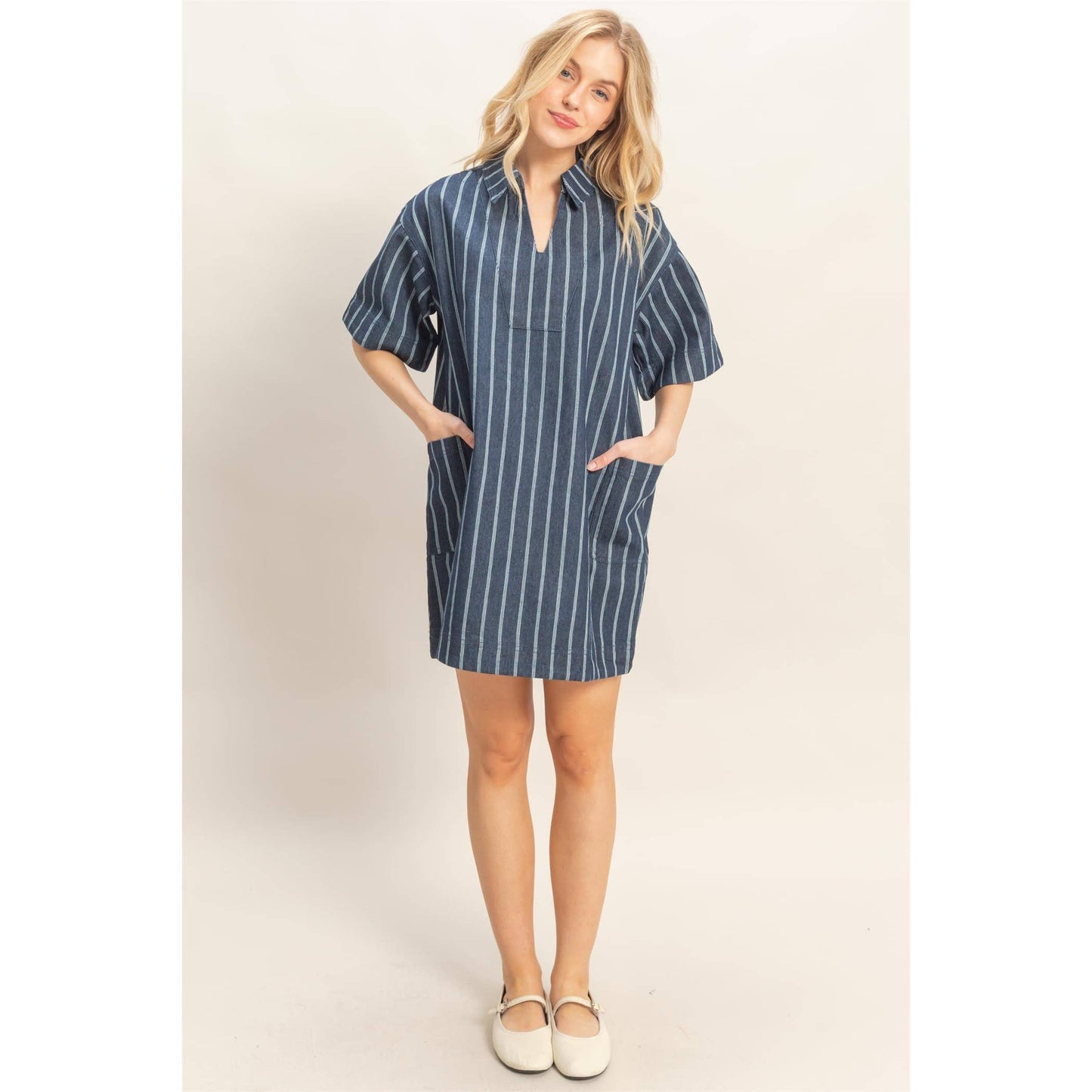 Striped Mineral Wash Dress: DARK BLUE