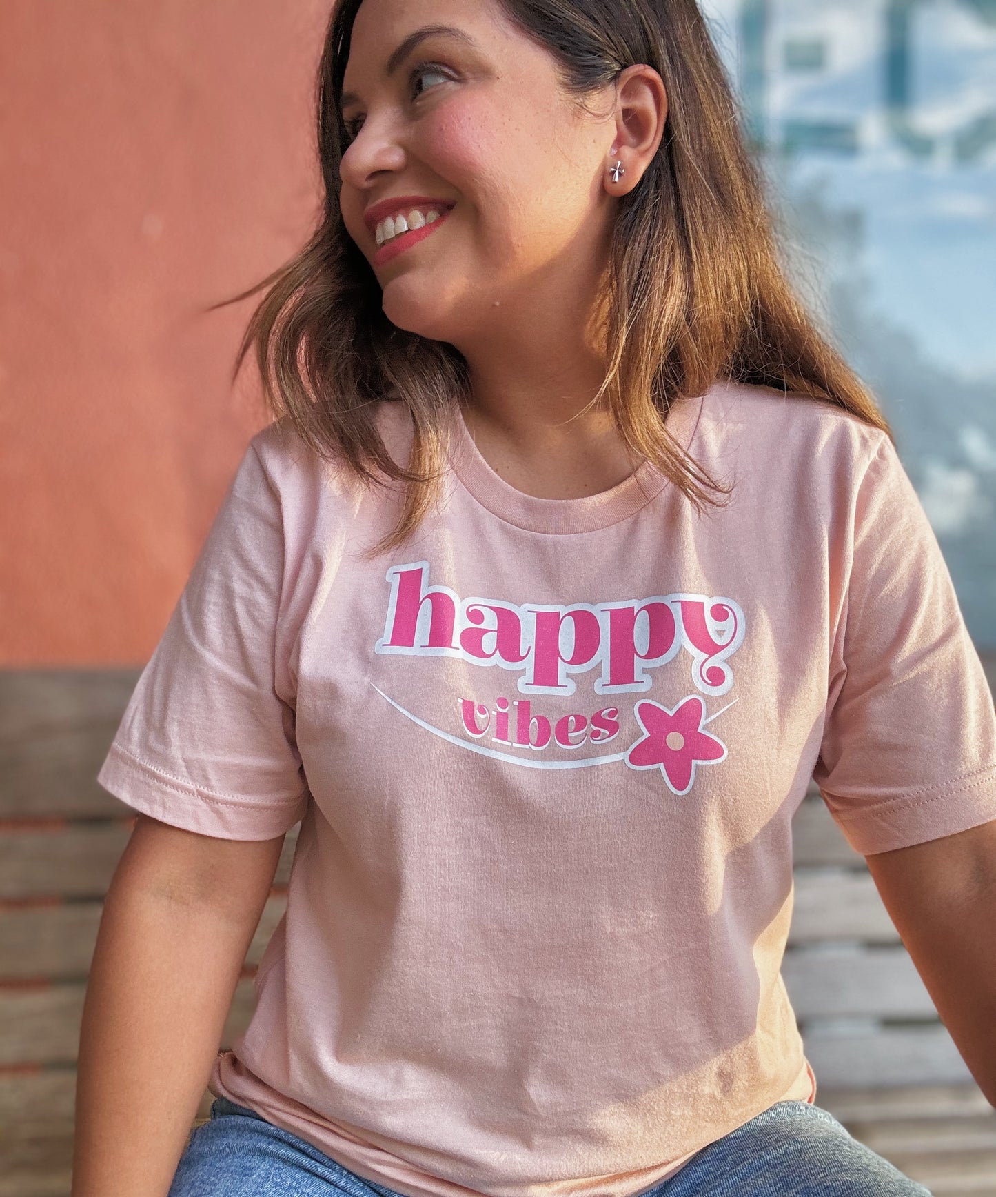 Happy Vibes Peach Cotton T-Shirt