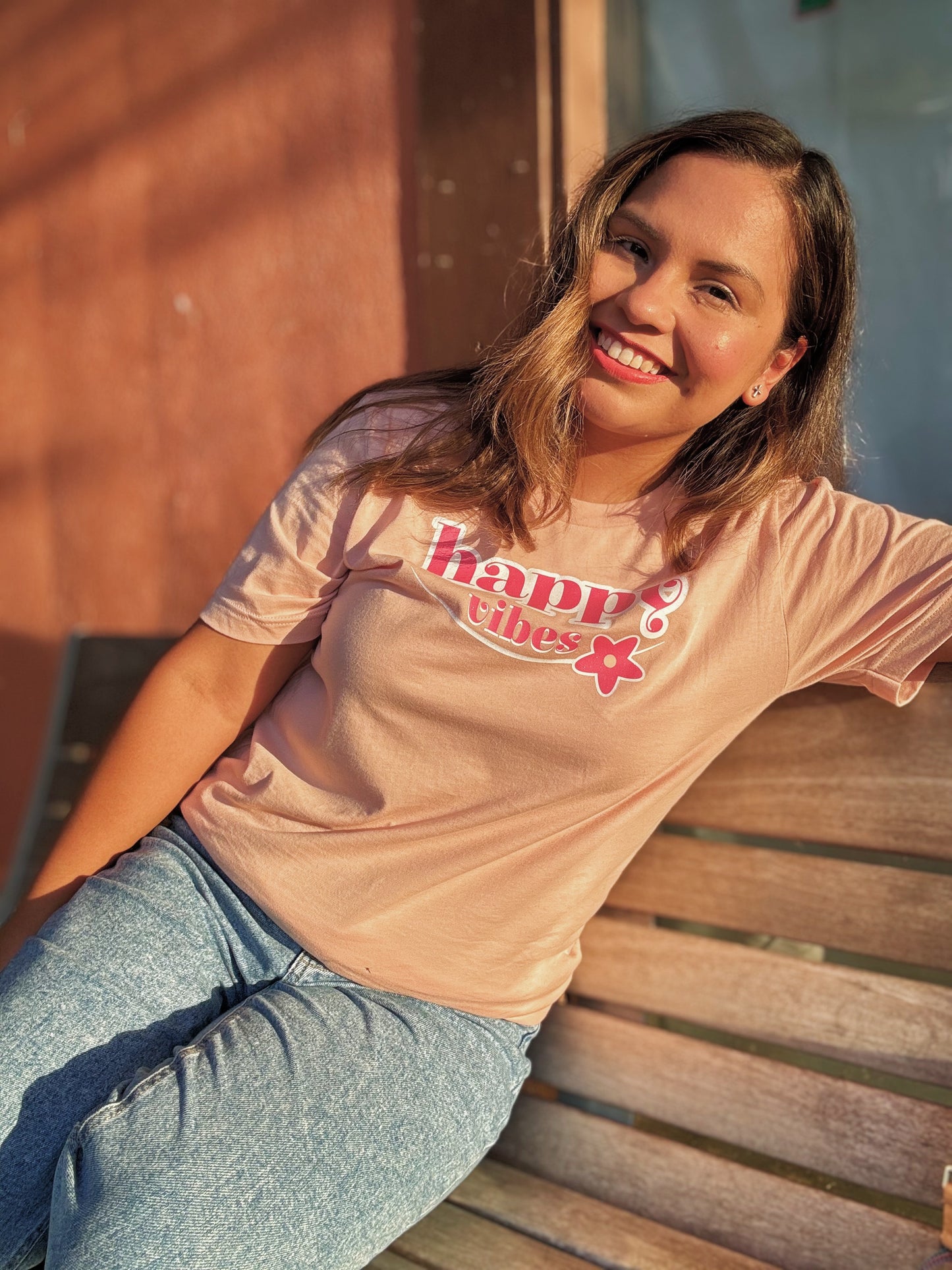 Happy Vibes Peach Cotton T-Shirt