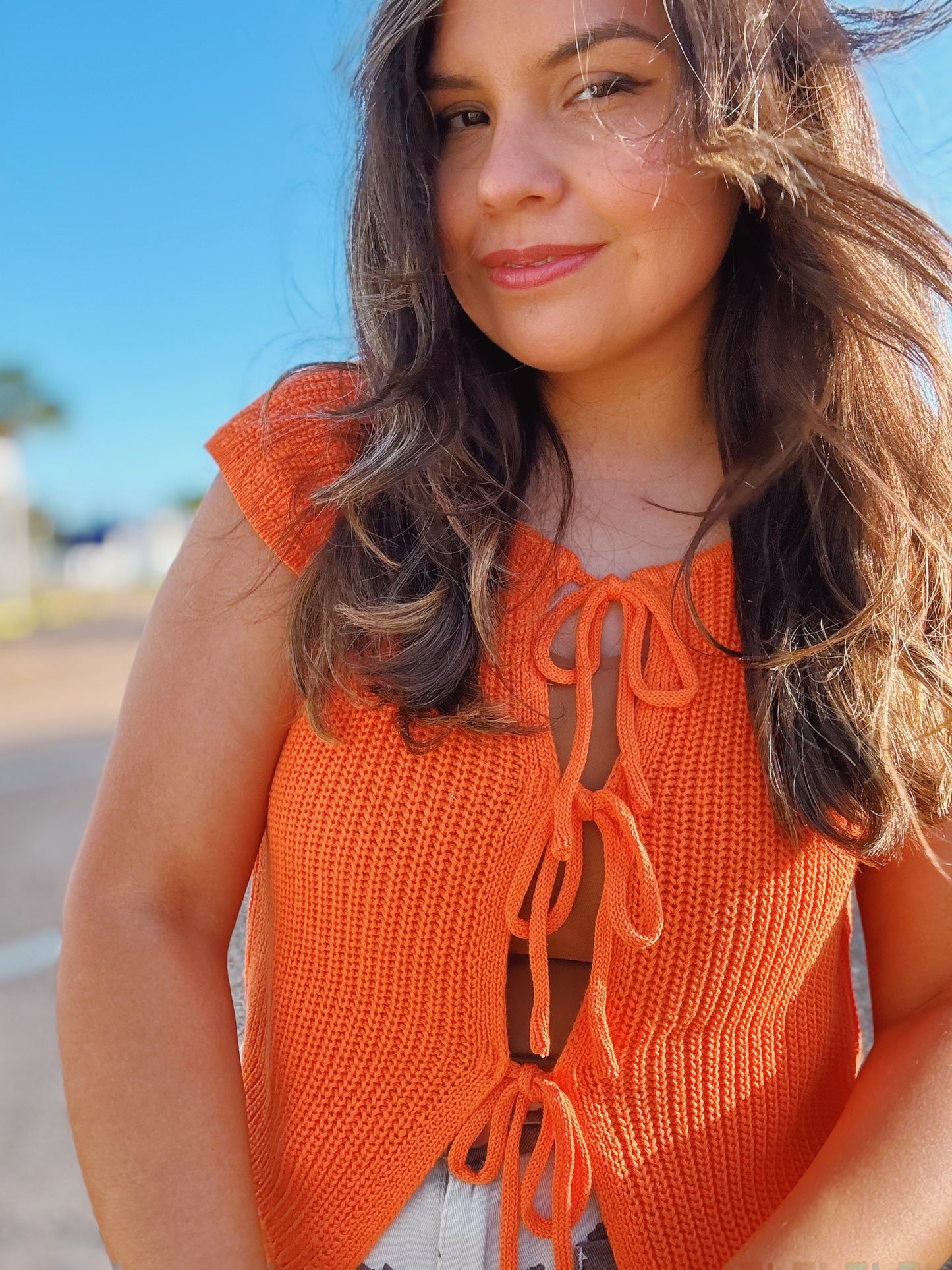 Orange Summer Front Tie Sleeveless Cardigan