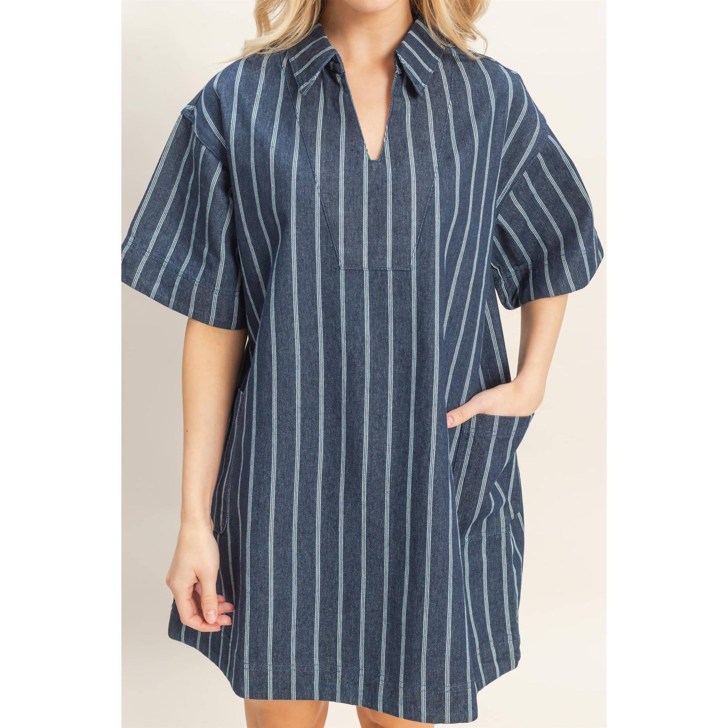 Striped Mineral Wash Dress: DARK BLUE