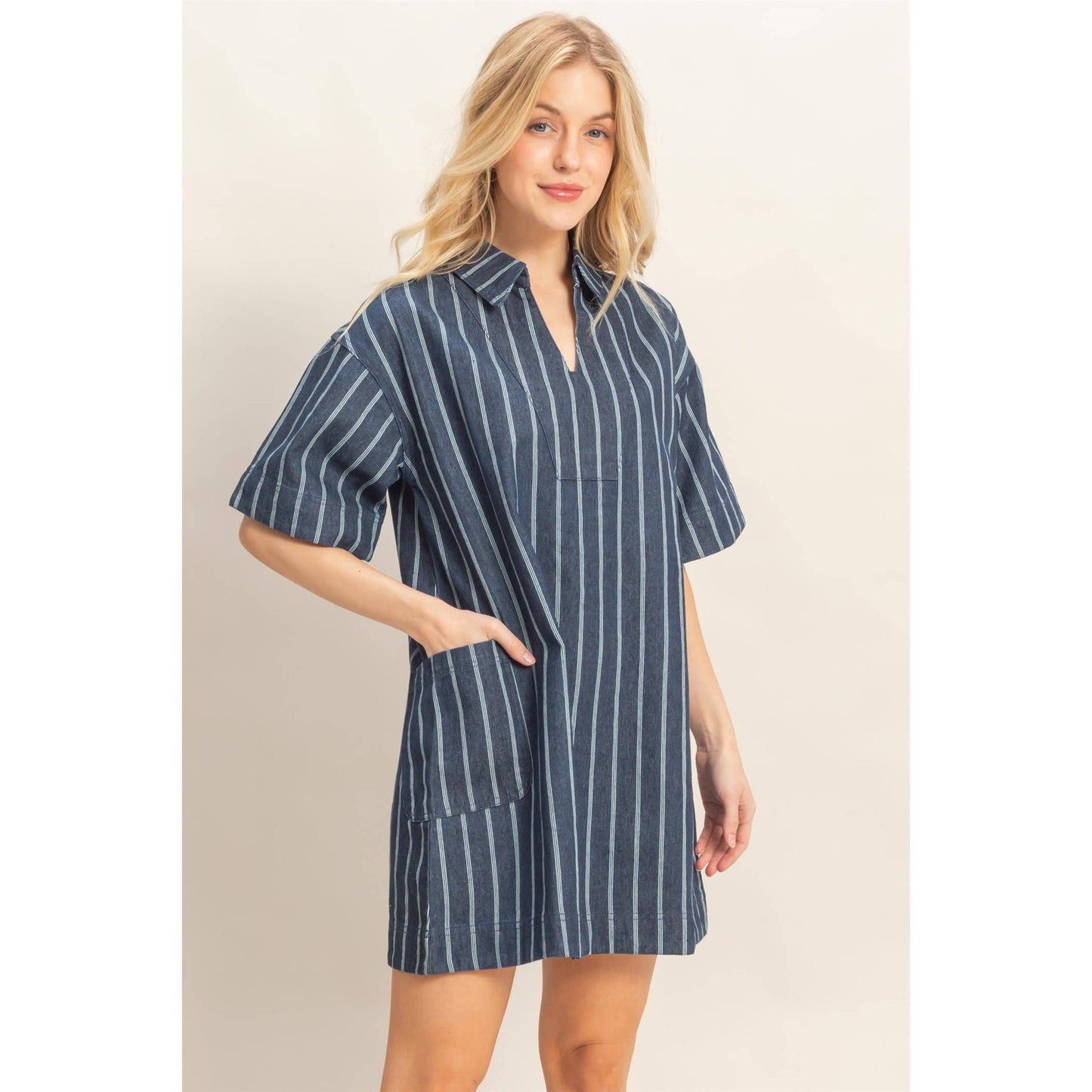 Striped Mineral Wash Dress: DARK BLUE