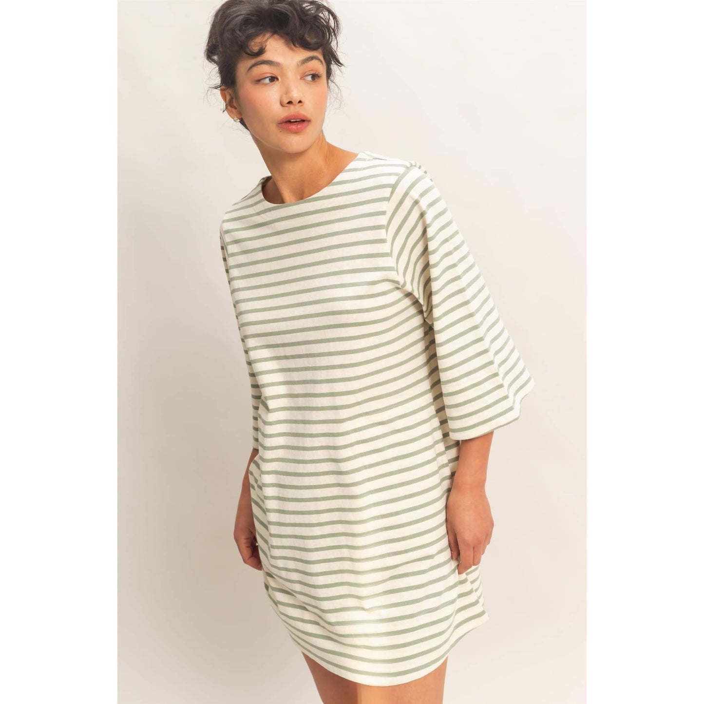 Striped Round Neck Half-Sleeve Mini Dress
