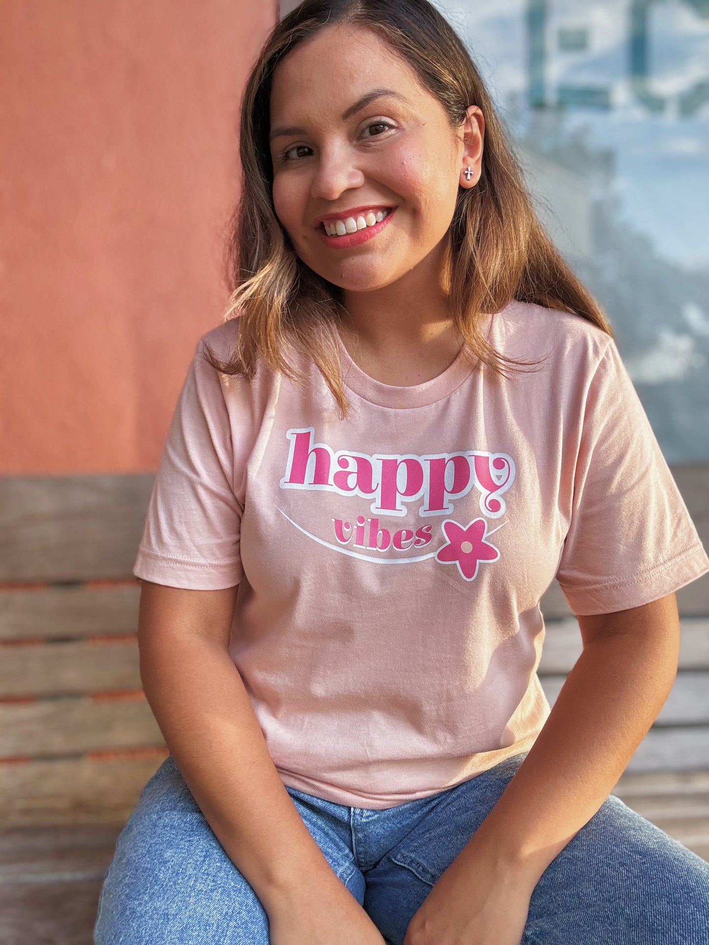 Happy Vibes Peach Cotton T-Shirt