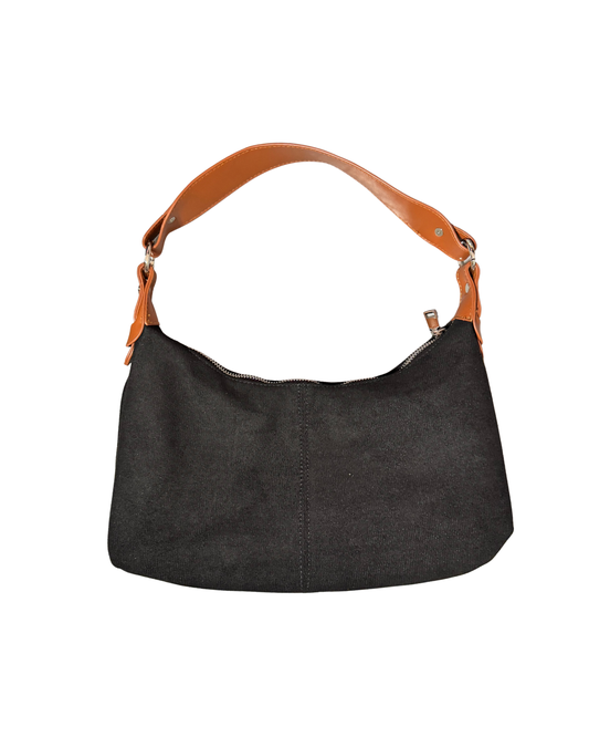 Classic Black Fabric Bag with Brown Strap