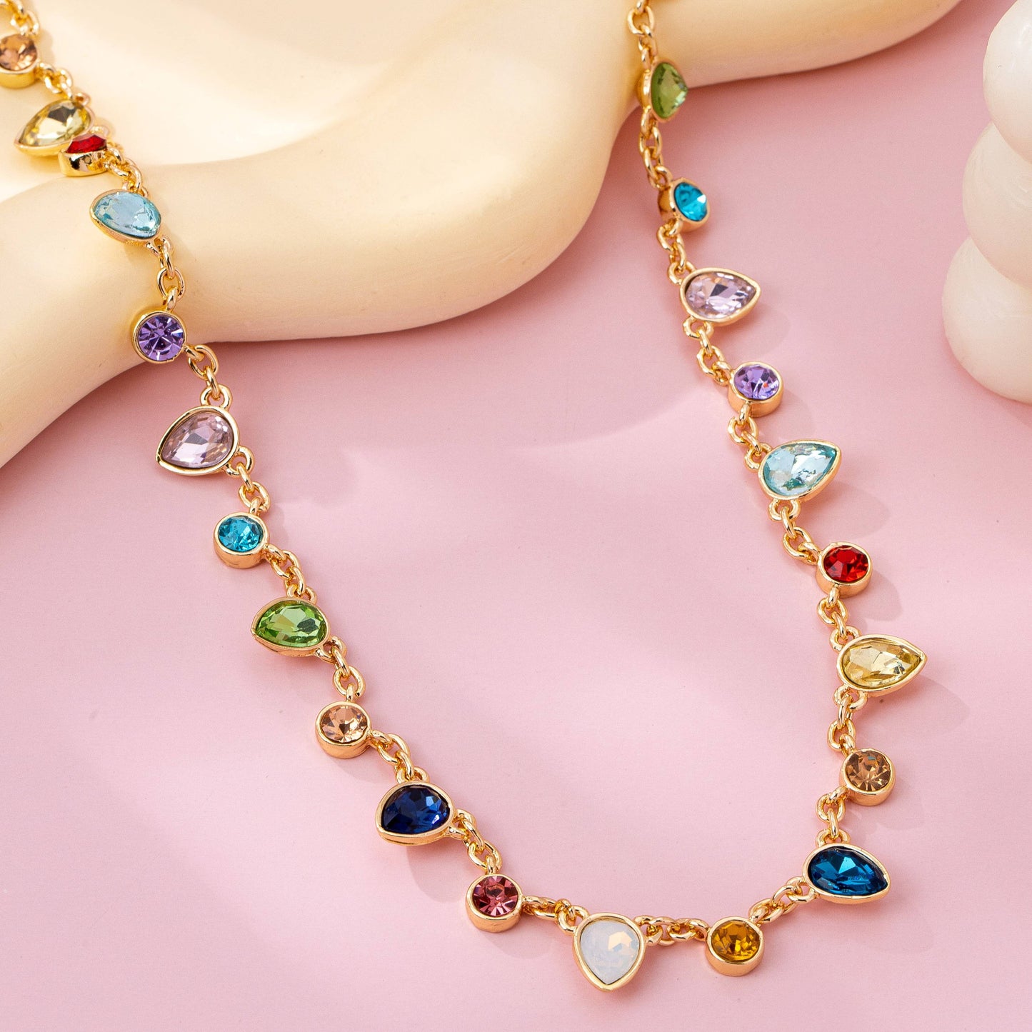 Rainbow Teardrop Gemstone Charm Necklace