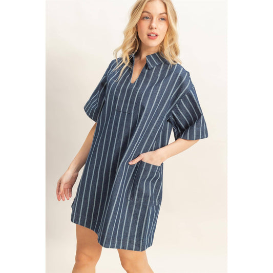 Striped Mineral Wash Dress: DARK BLUE