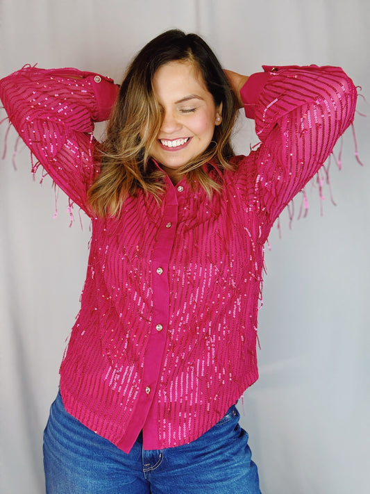 Fuchsia Sequin Queen Button Up Shirt