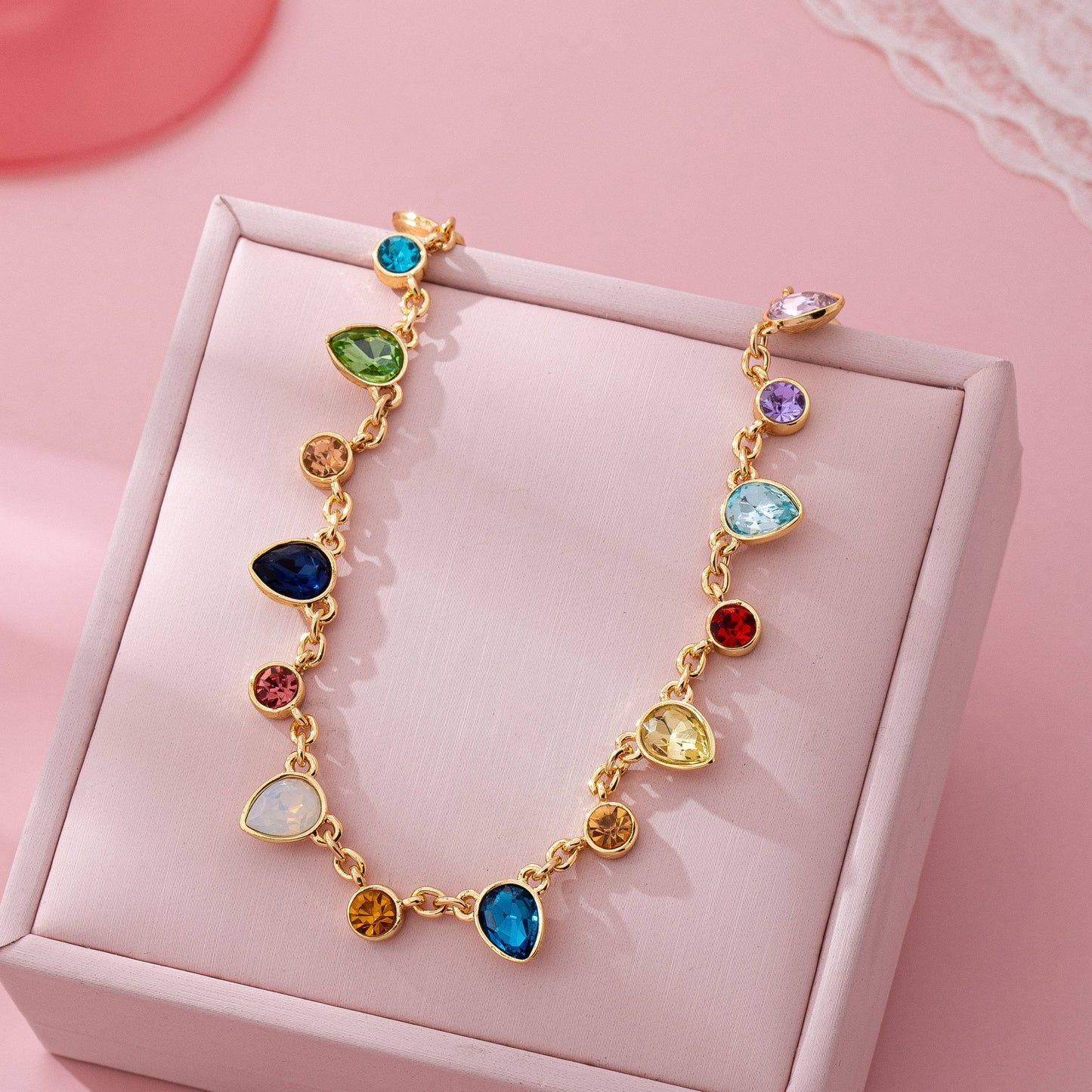 Rainbow Teardrop Gemstone Charm Necklace