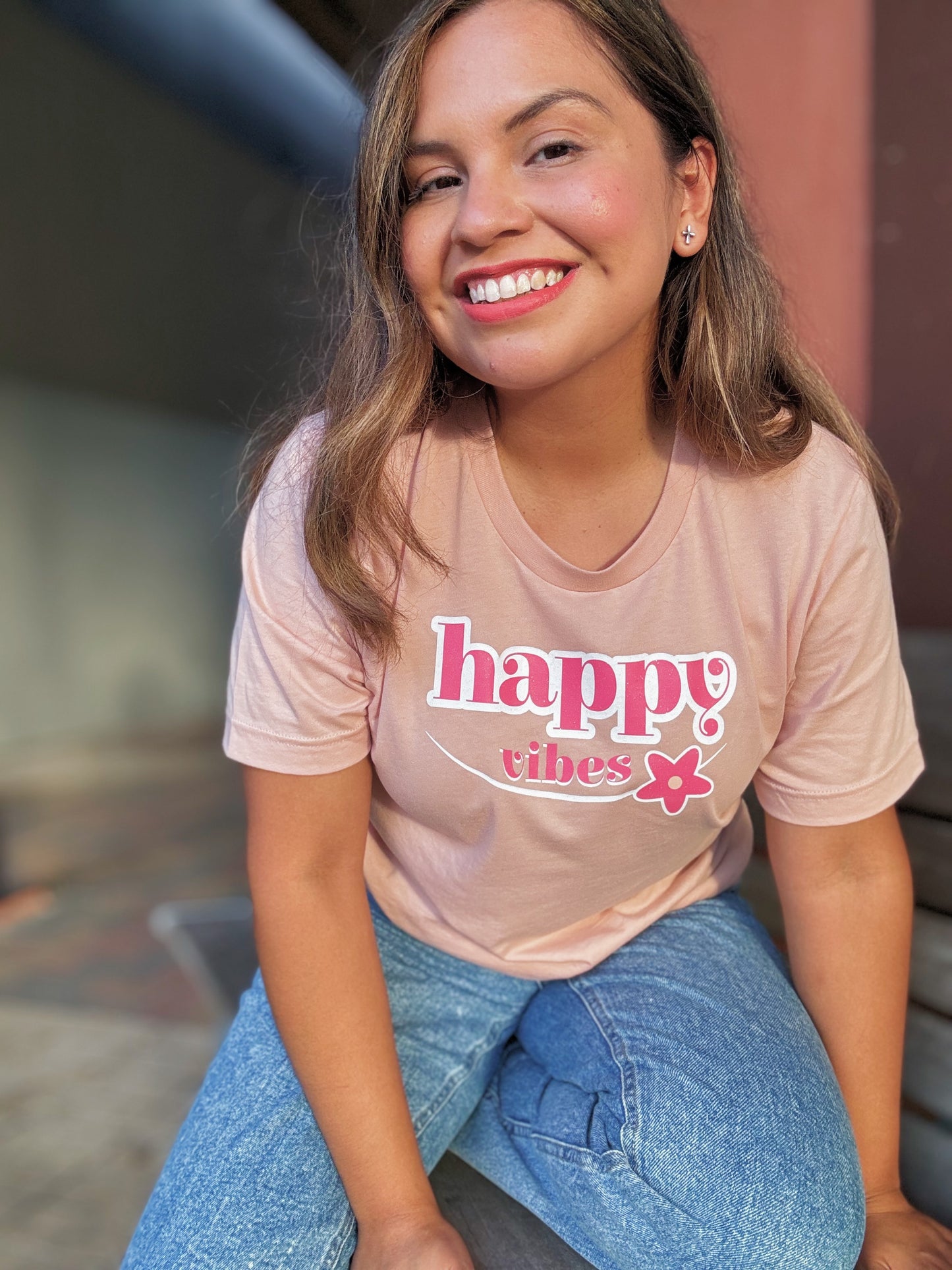 Happy Vibes Peach Cotton T-Shirt