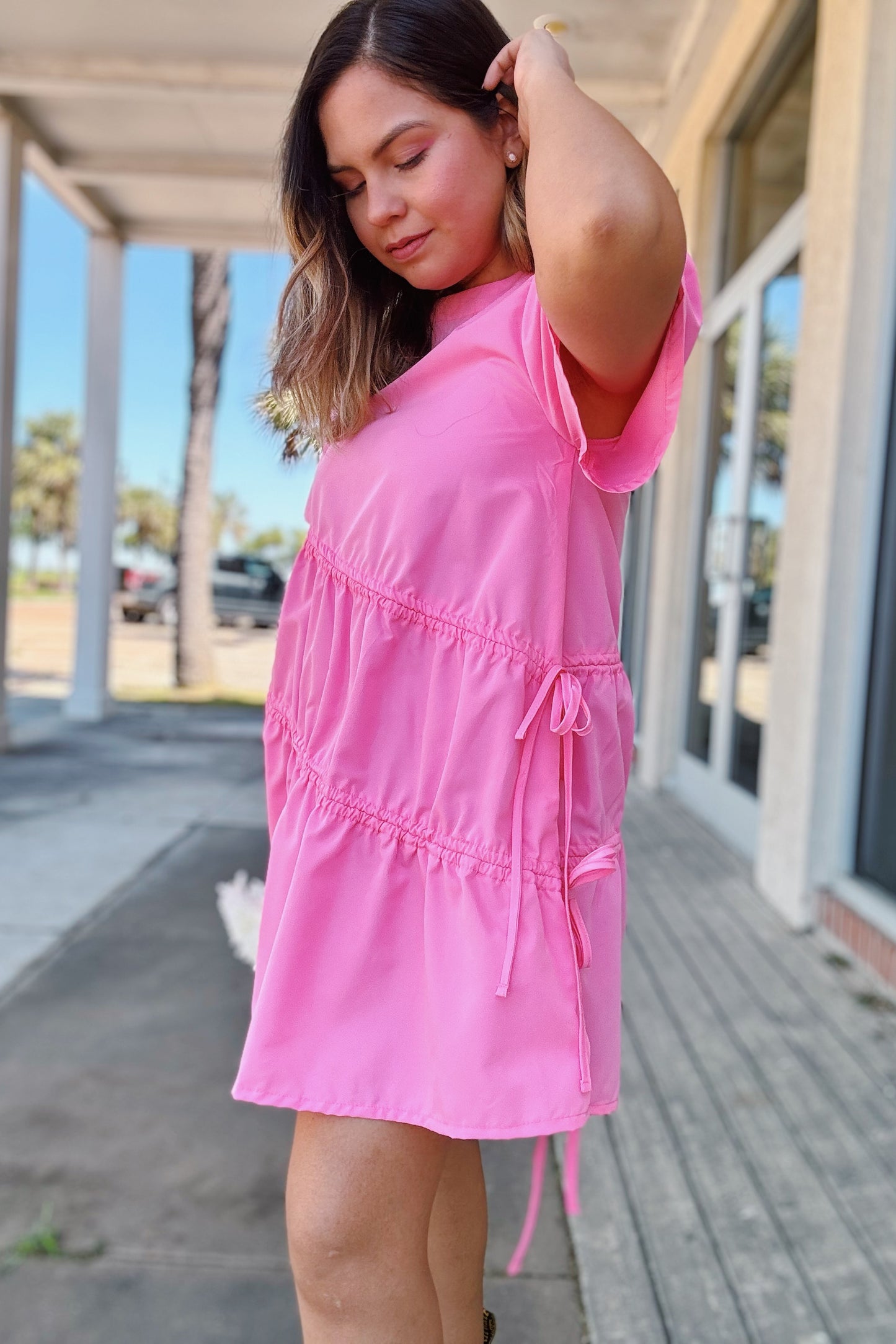 Bubblegum Flowy Bow Tie Dress