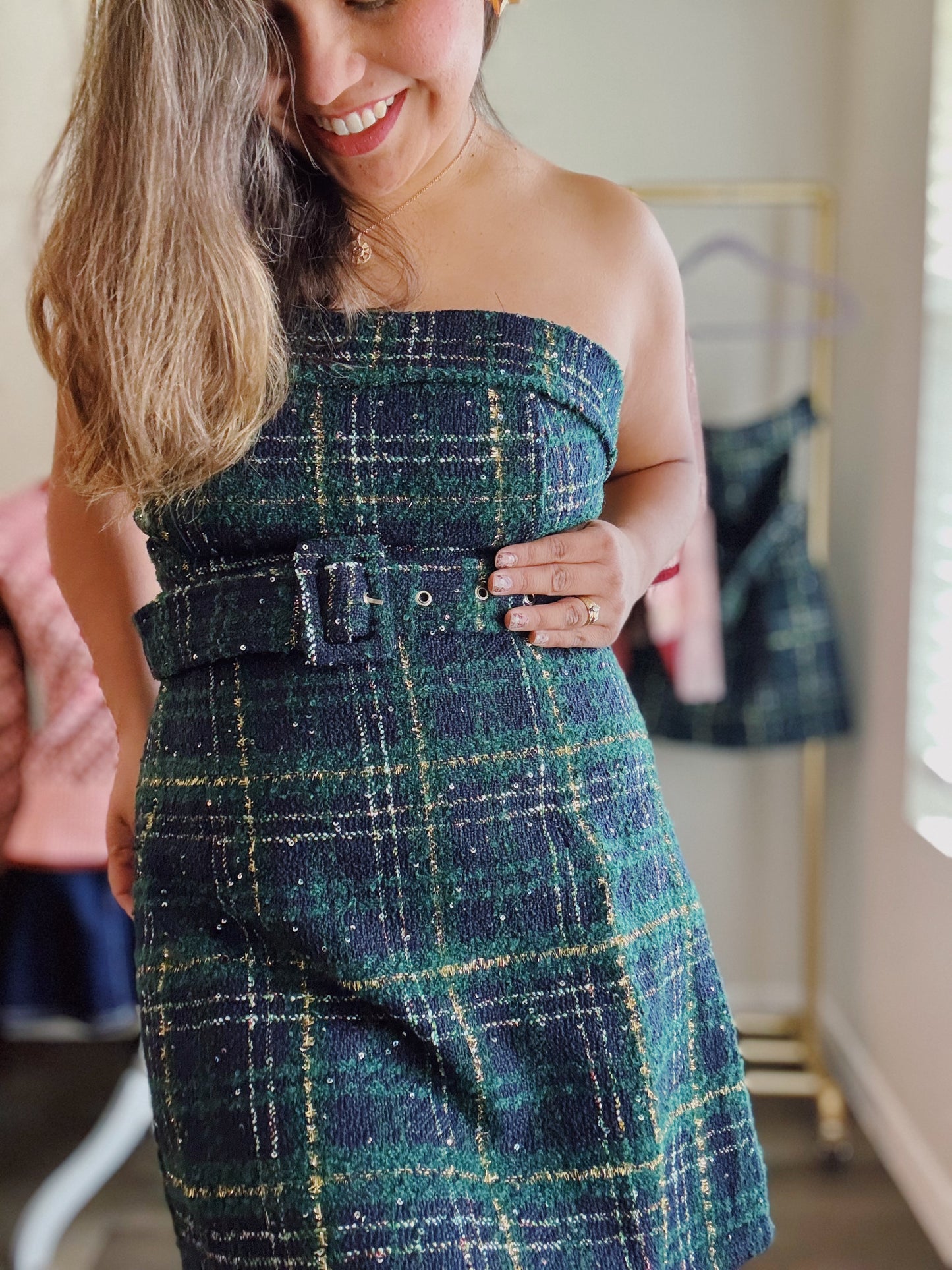 Plaid Perfection Tweed Strapless Dress