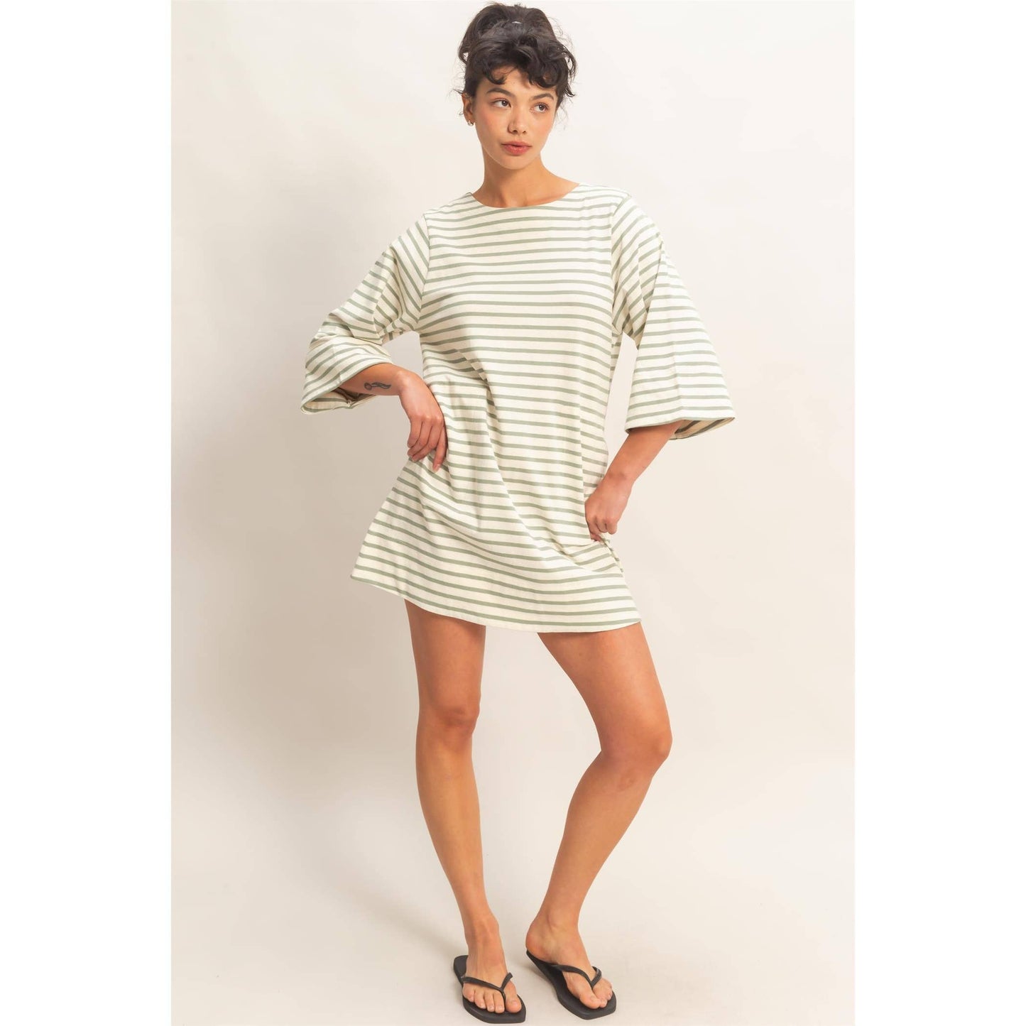 Striped Round Neck Half-Sleeve Mini Dress