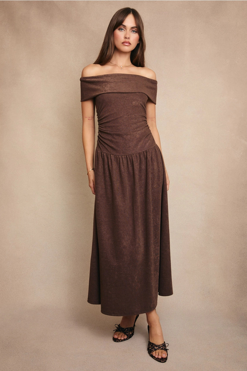 Brown babe Off-Shoulder Knit Midi Dress