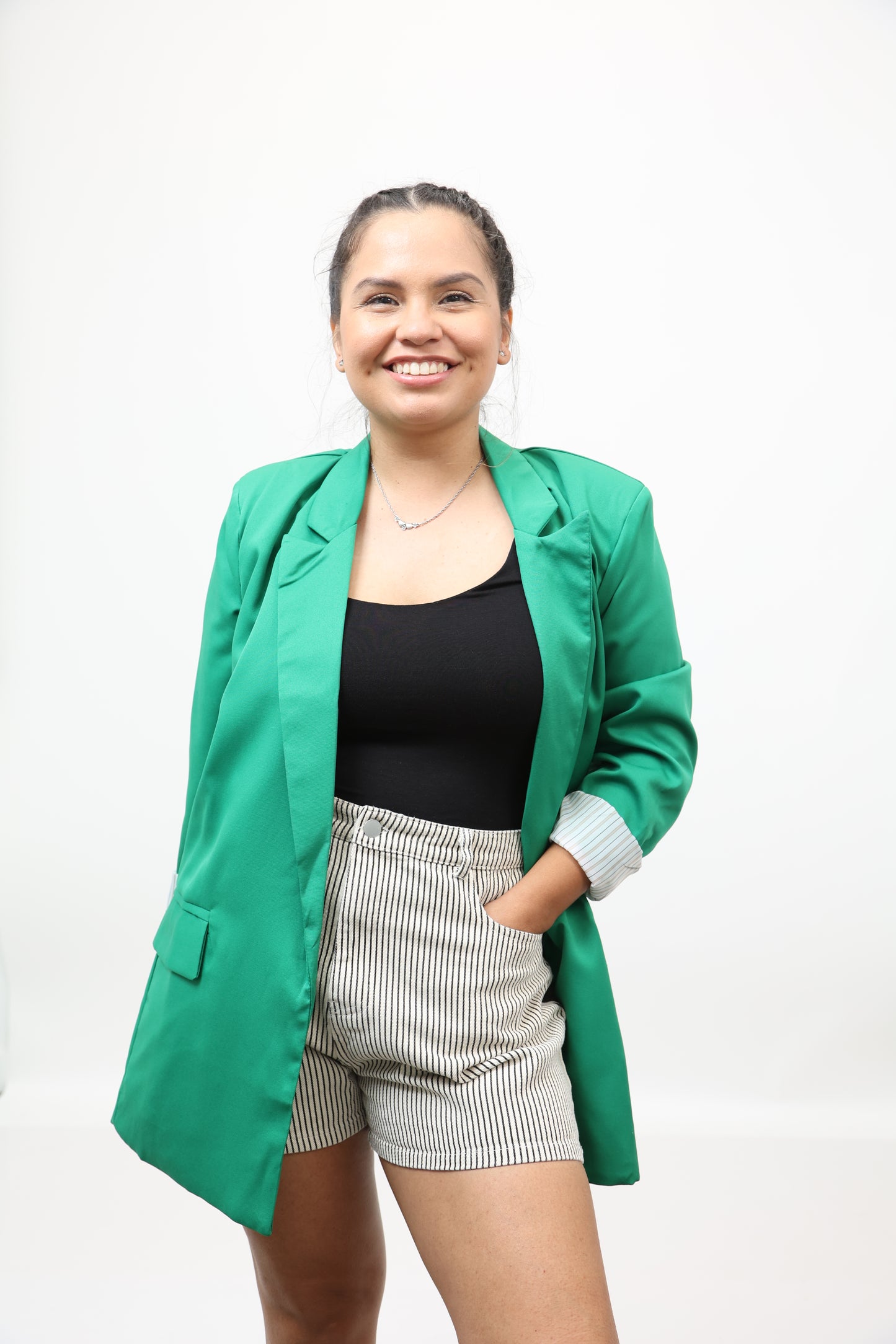 Green Open-Front Long Sleeve Blazer