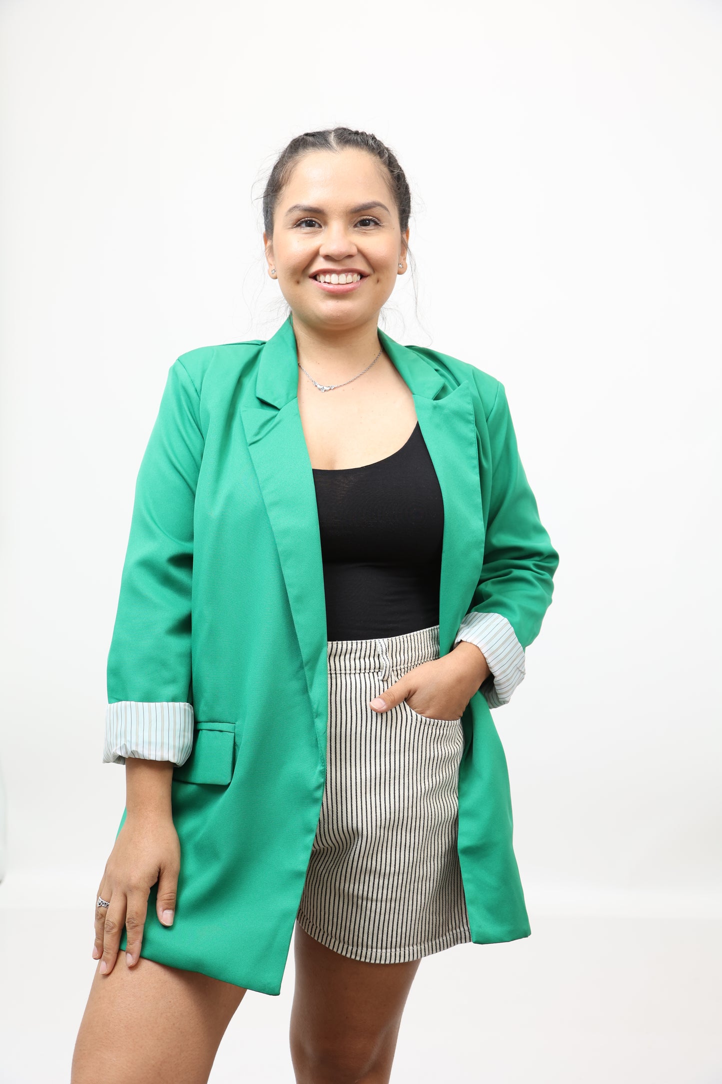 Green Open-Front Long Sleeve Blazer