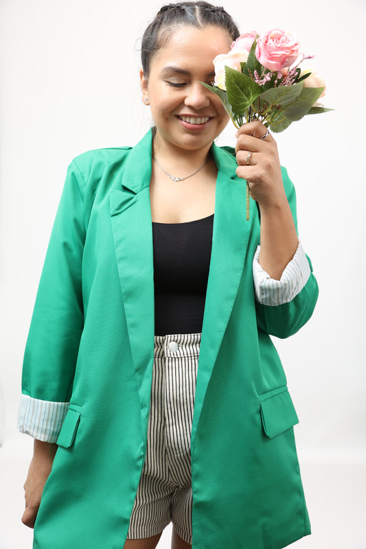 Green Open-Front Long Sleeve Blazer