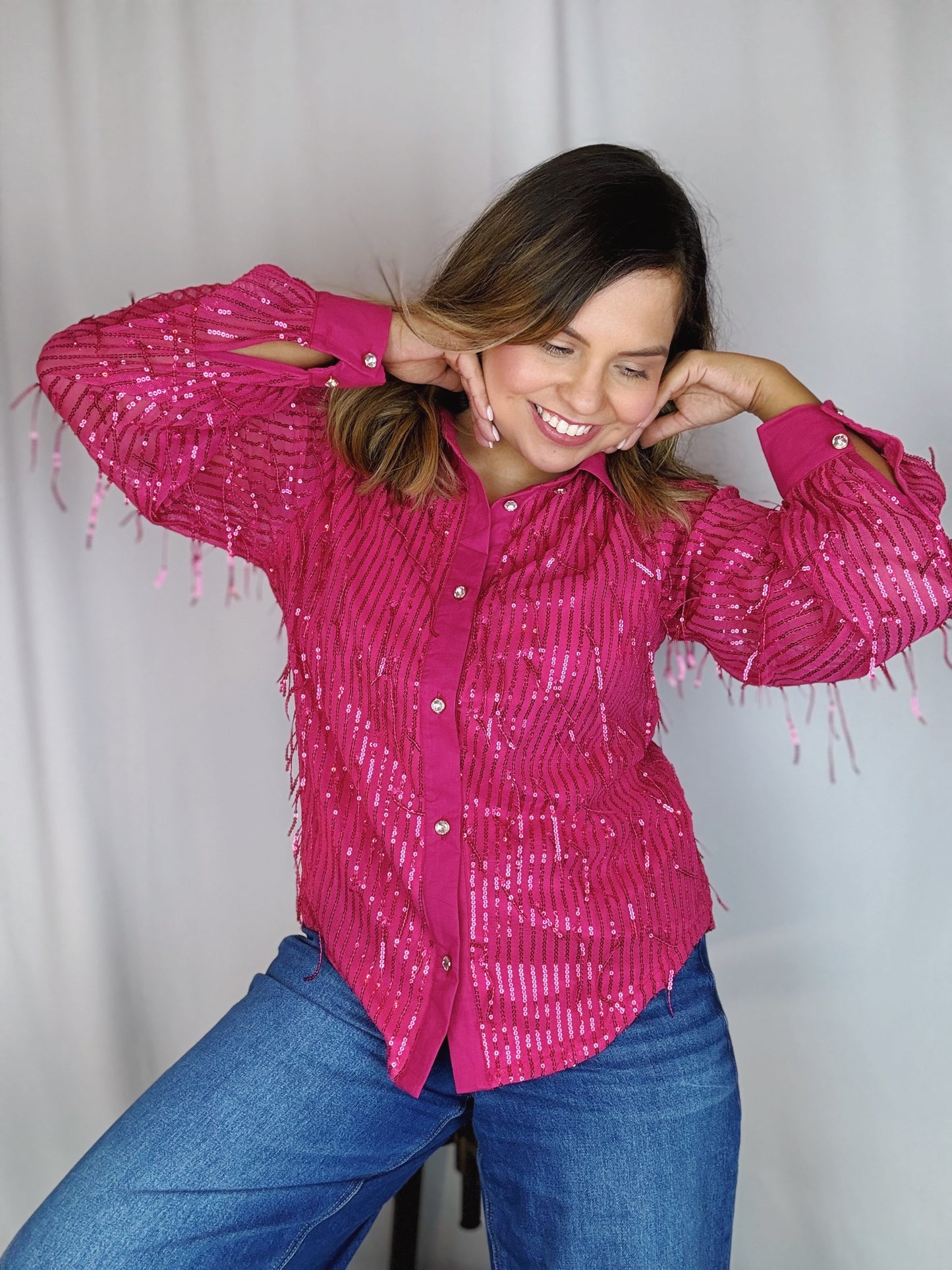 Fuchsia Sequin Queen Button Up Shirt