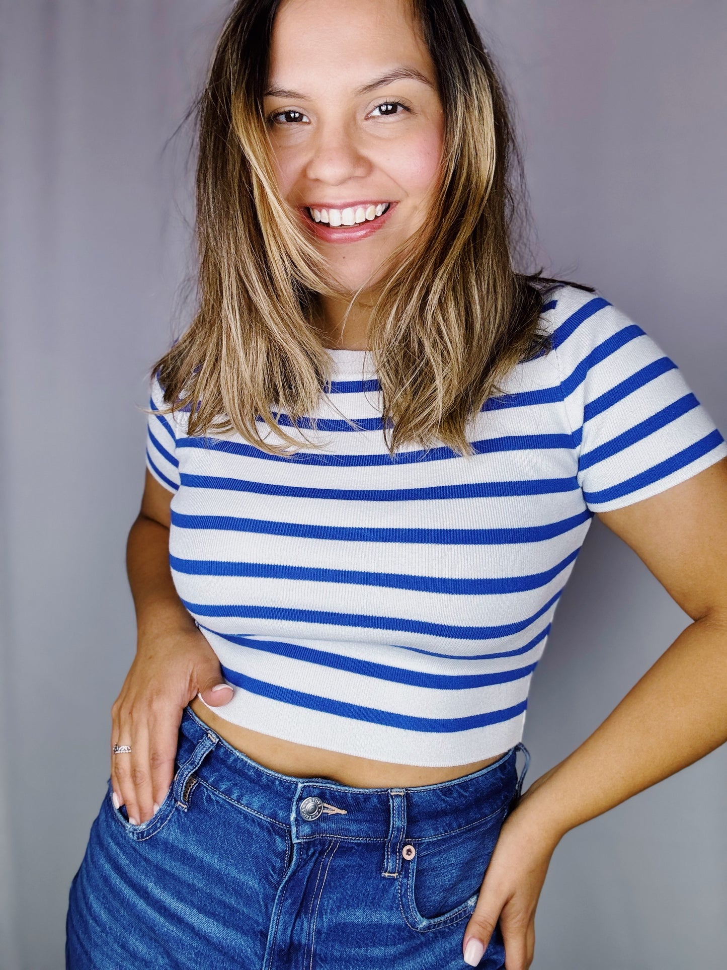 Stripe Blue Crop Knit Top