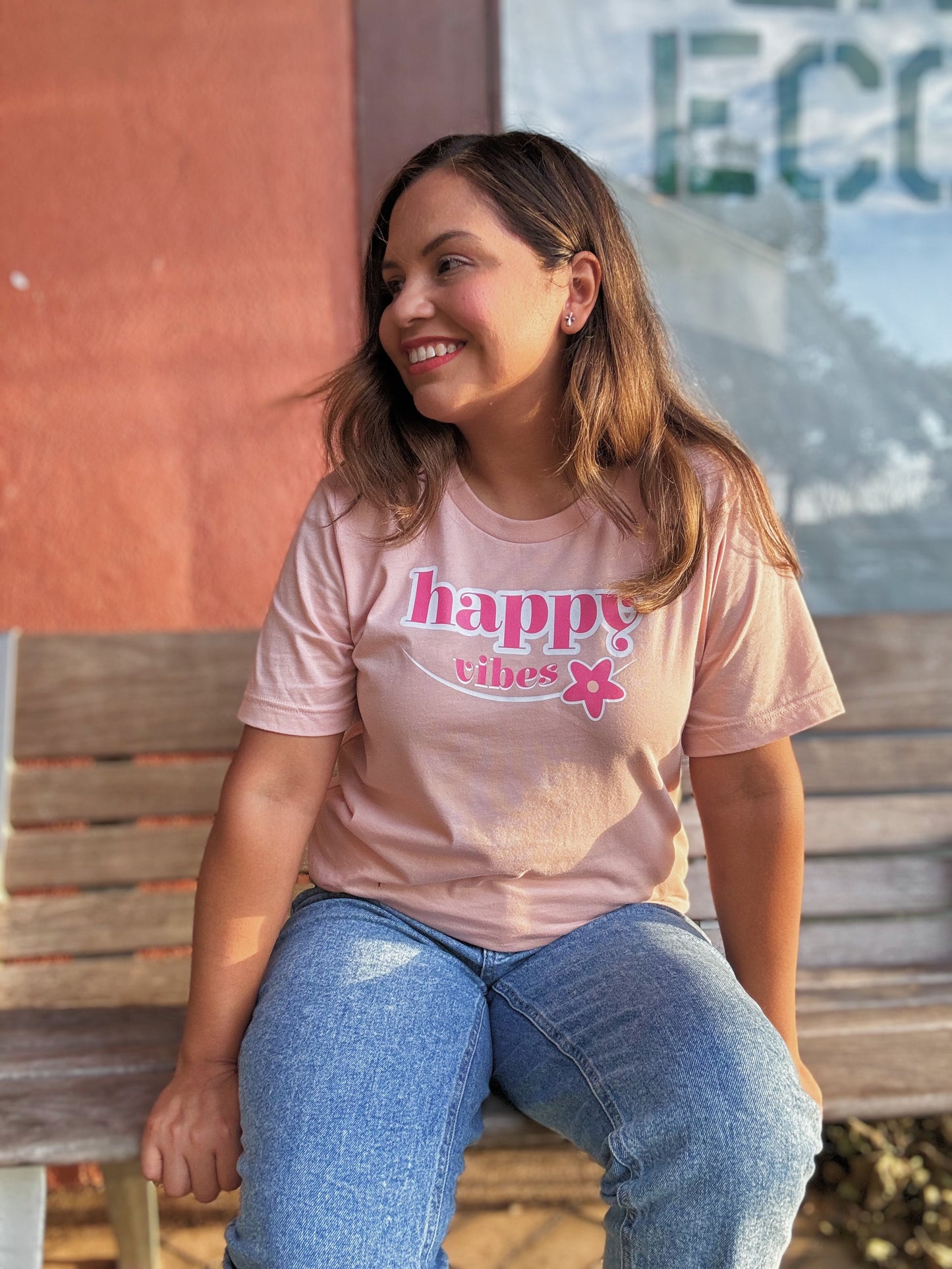 Happy Vibes Peach Cotton T-Shirt