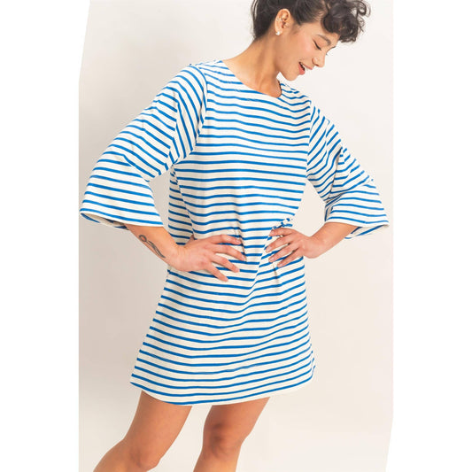 Striped Round Neck Half-Sleeve Mini Dress