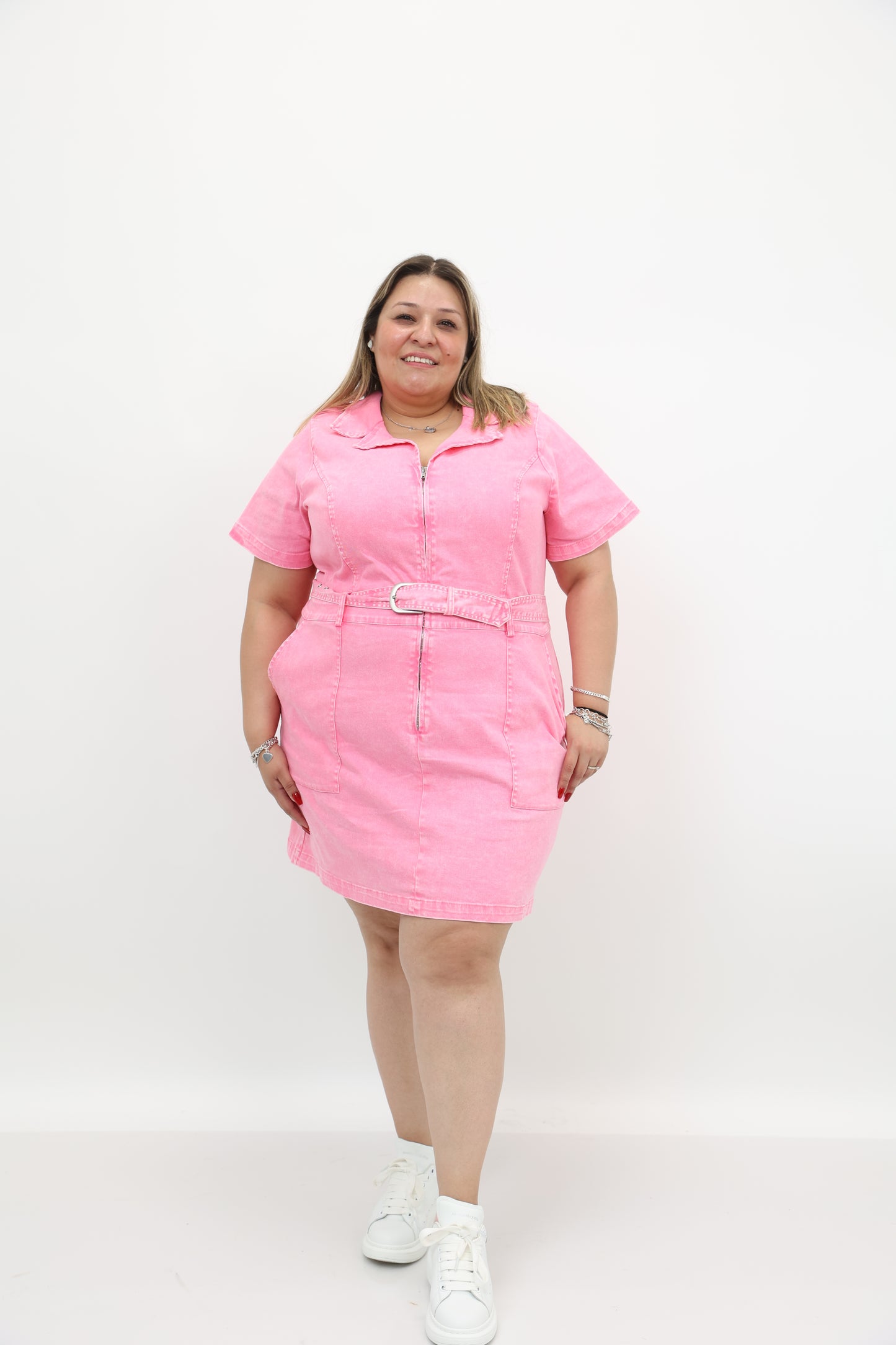 Belted Pink Denim Plus Size Dress