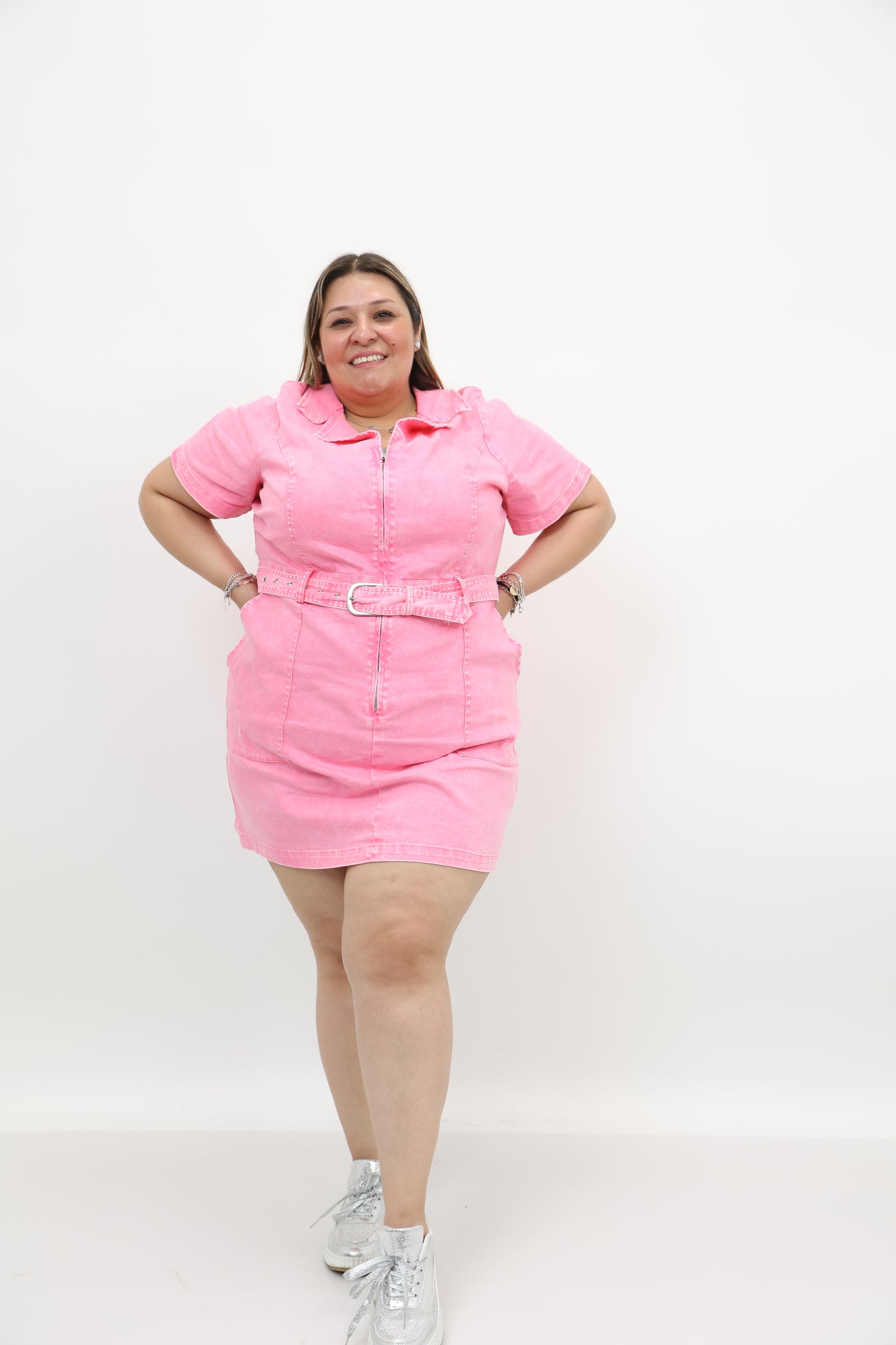 Belted Pink Denim Plus Size Dress