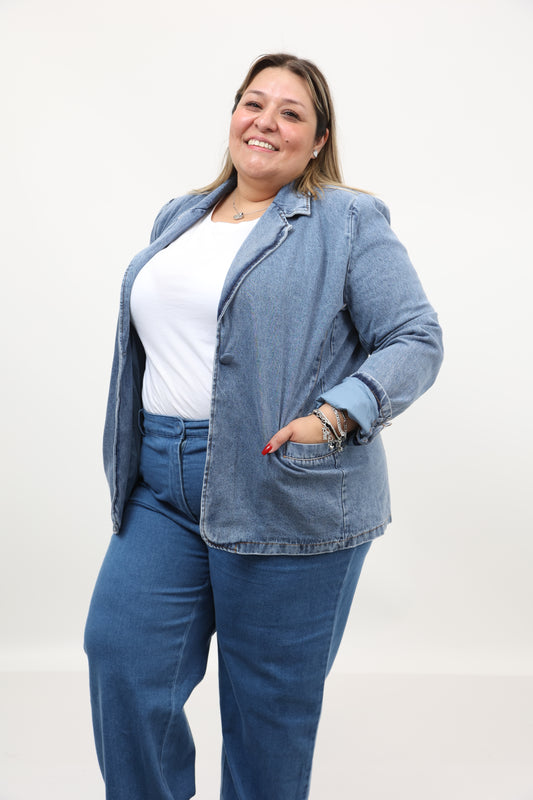 Washed Denim Blazer Jacket Plus Size