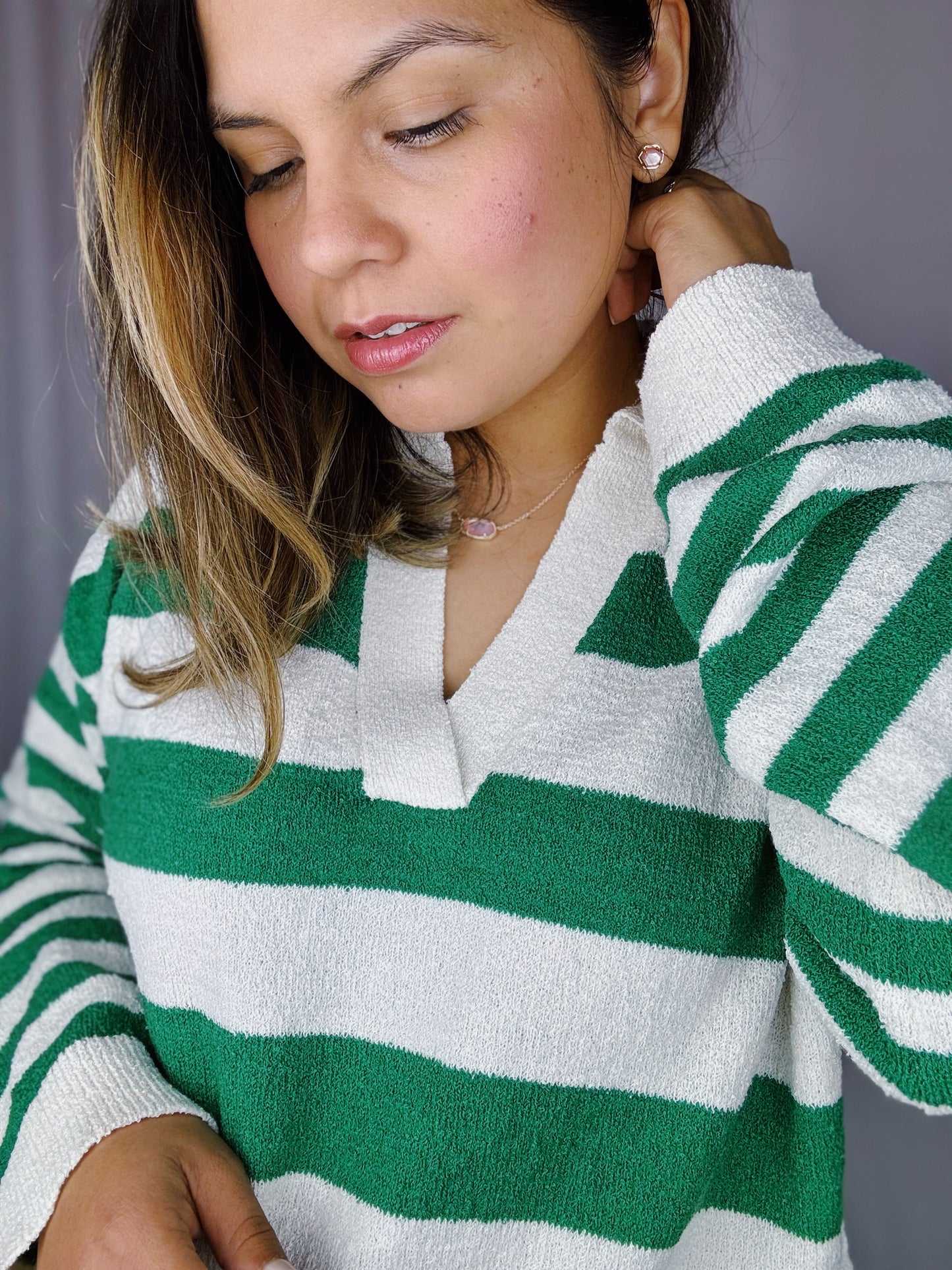 Green Stripe Lovely Collar Sweater