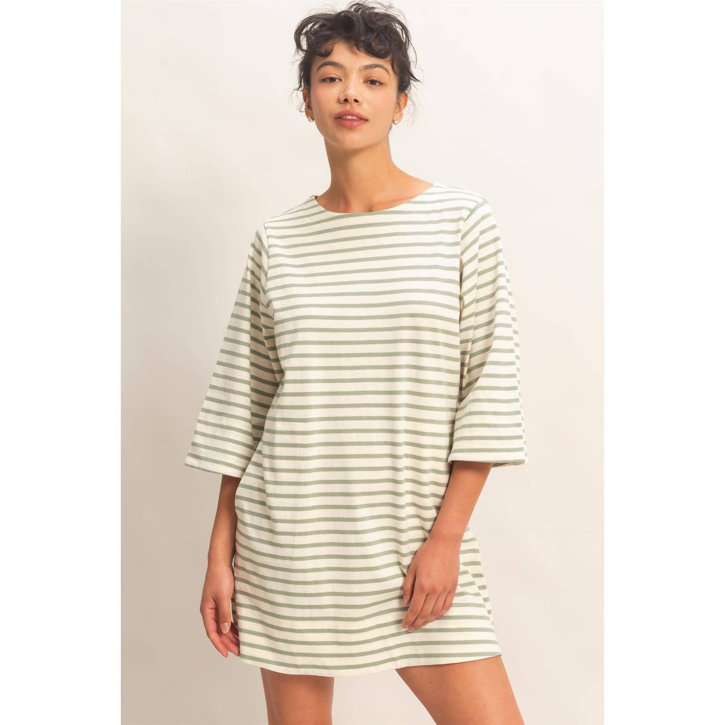 Striped Round Neck Half-Sleeve Mini Dress