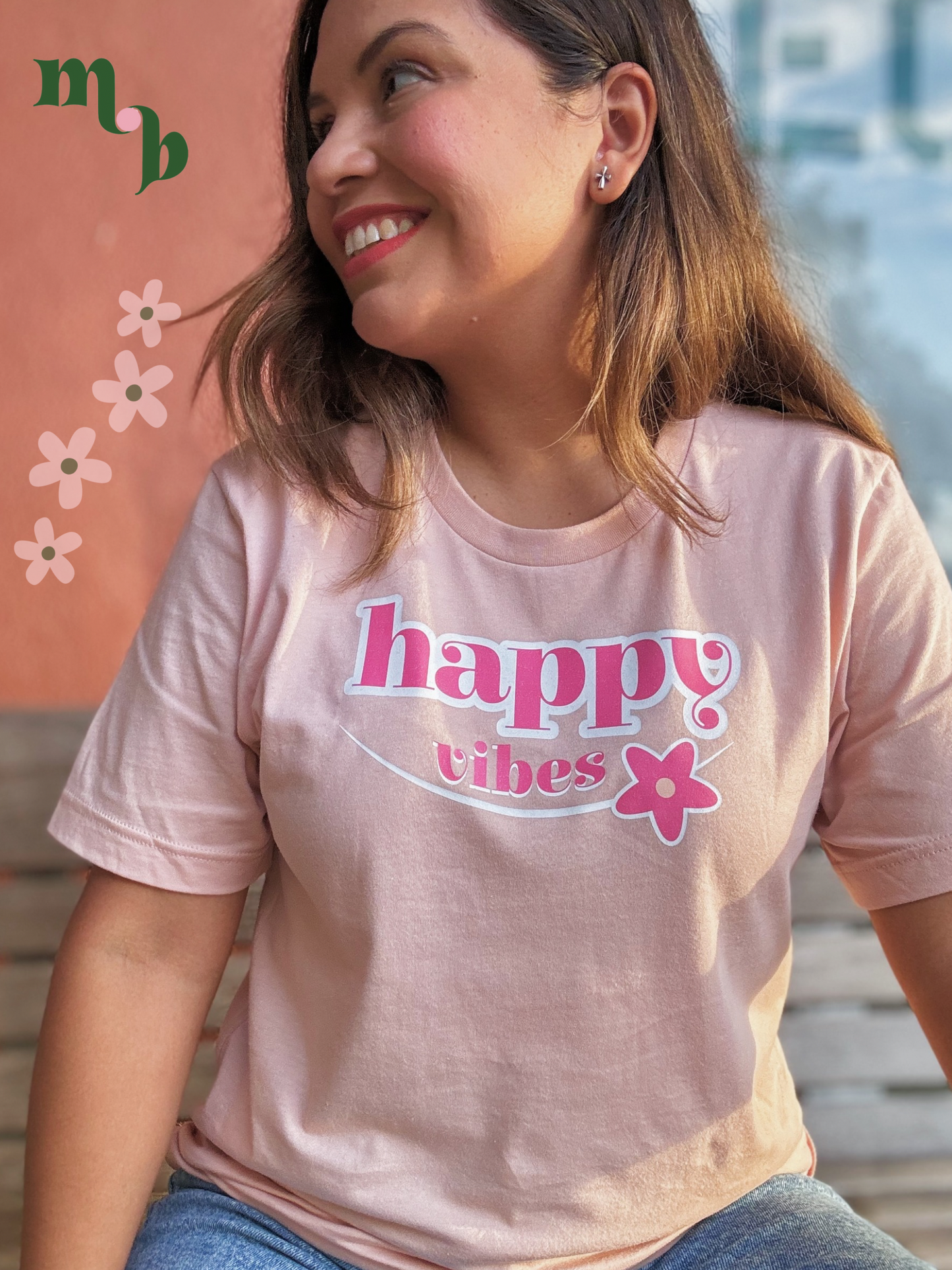 Happy Vibes Peach Cotton T-Shirt