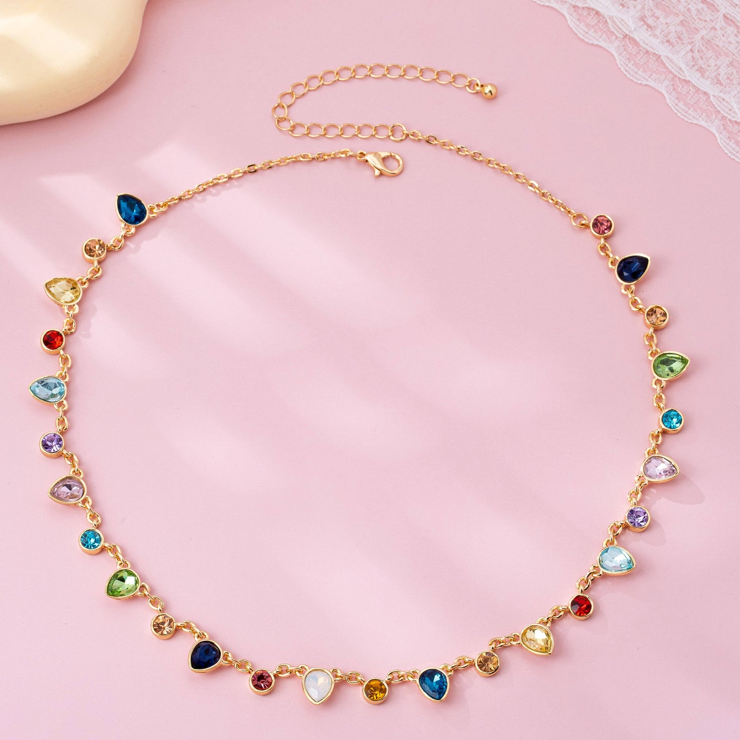 Rainbow Teardrop Gemstone Charm Necklace
