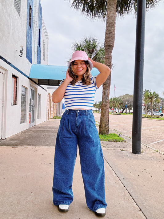 High Waisted Front Pleated Denim Jeans
