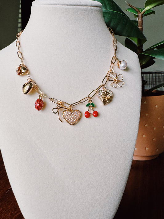 Heart-Cherry Gold Multi-Charm Necklace