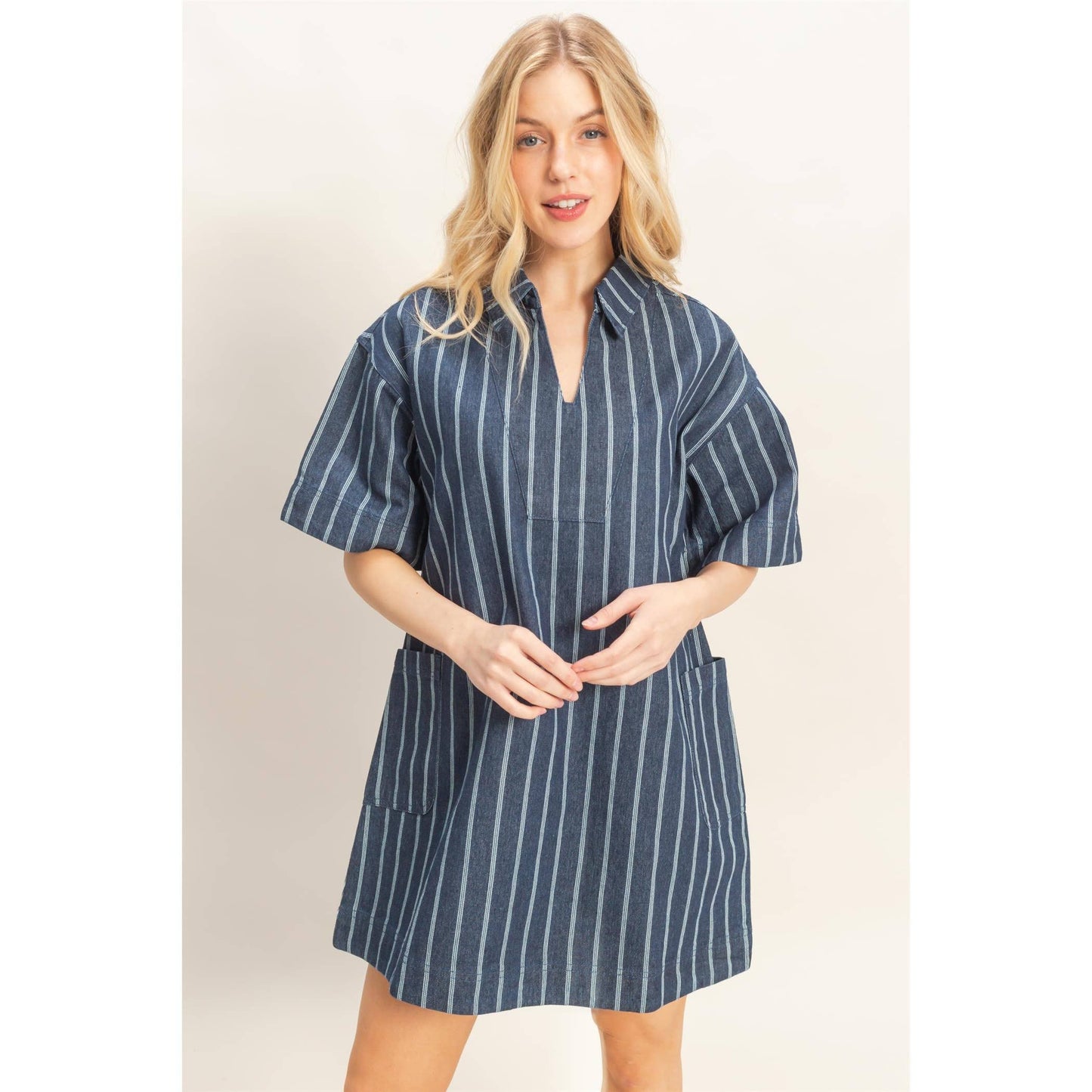 Striped Mineral Wash Dress: DARK BLUE