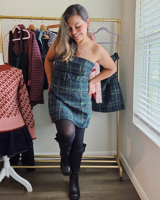 Plaid Perfection Tweed Strapless Dress