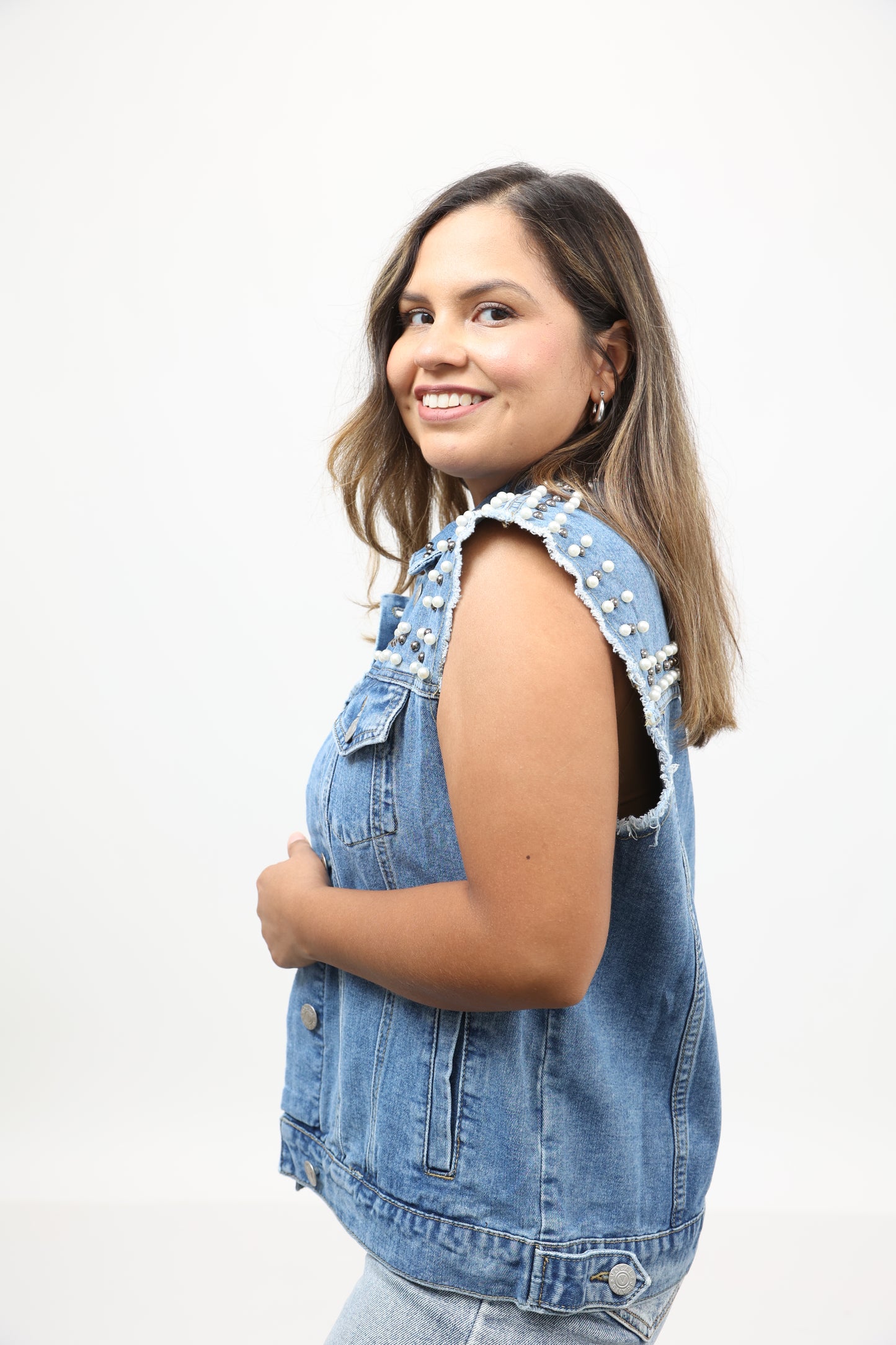 Denim Pearl Stud Vest