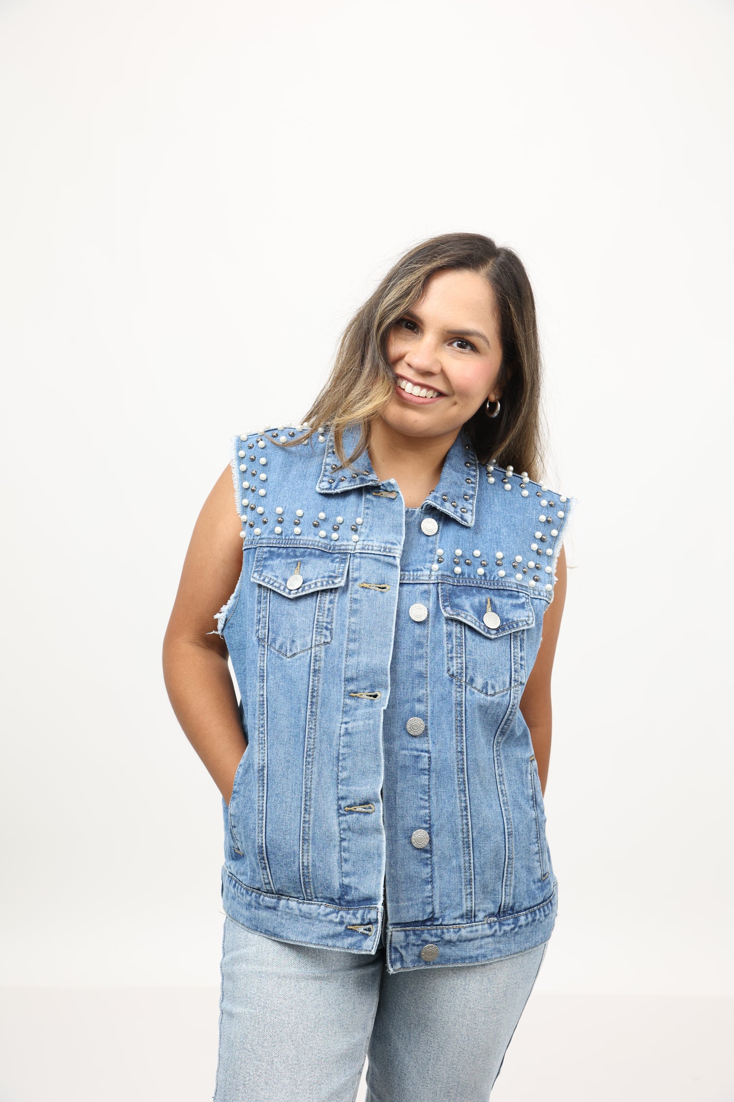 Denim Pearl Stud Vest