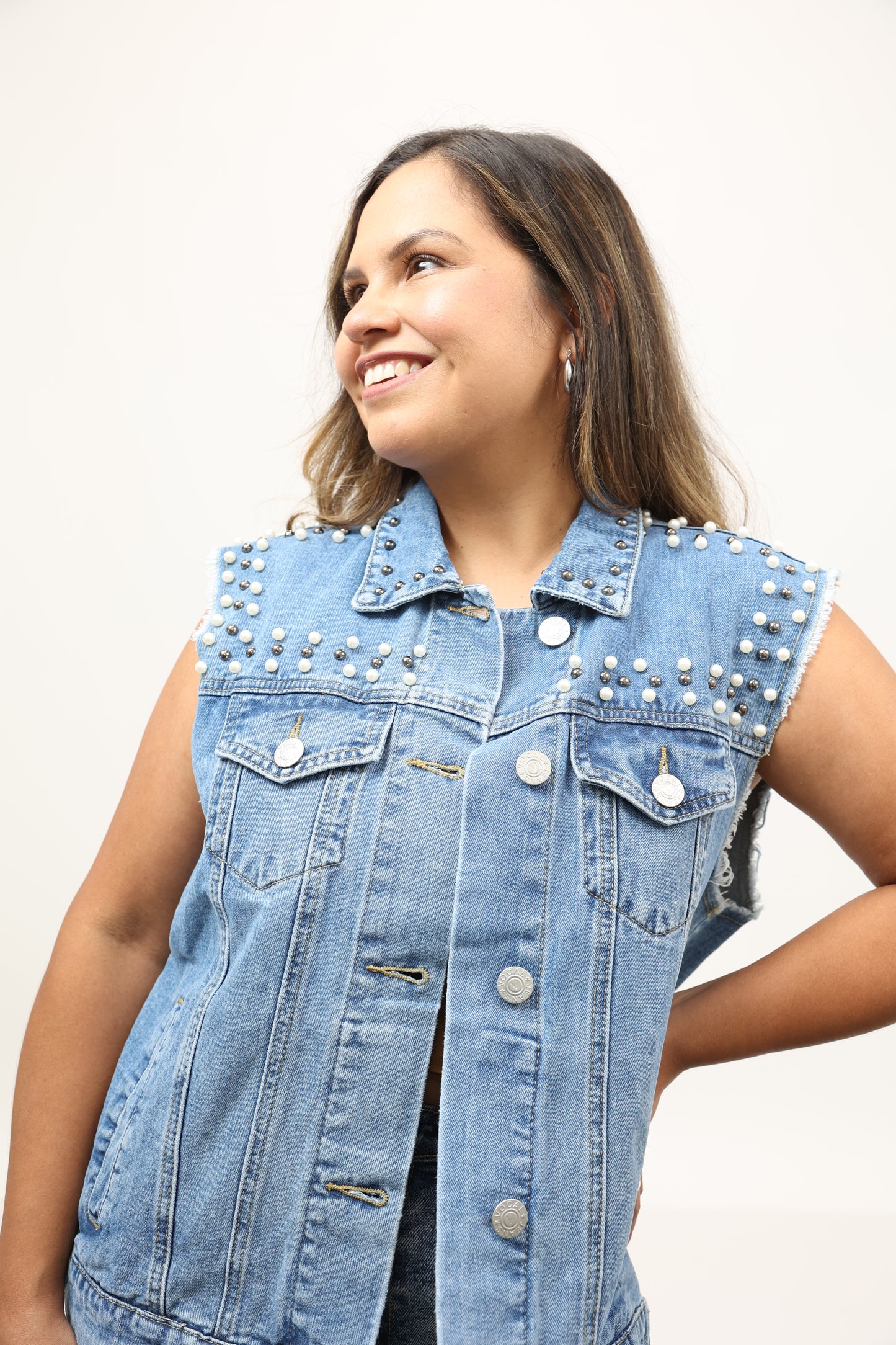 Denim Pearl Stud Vest