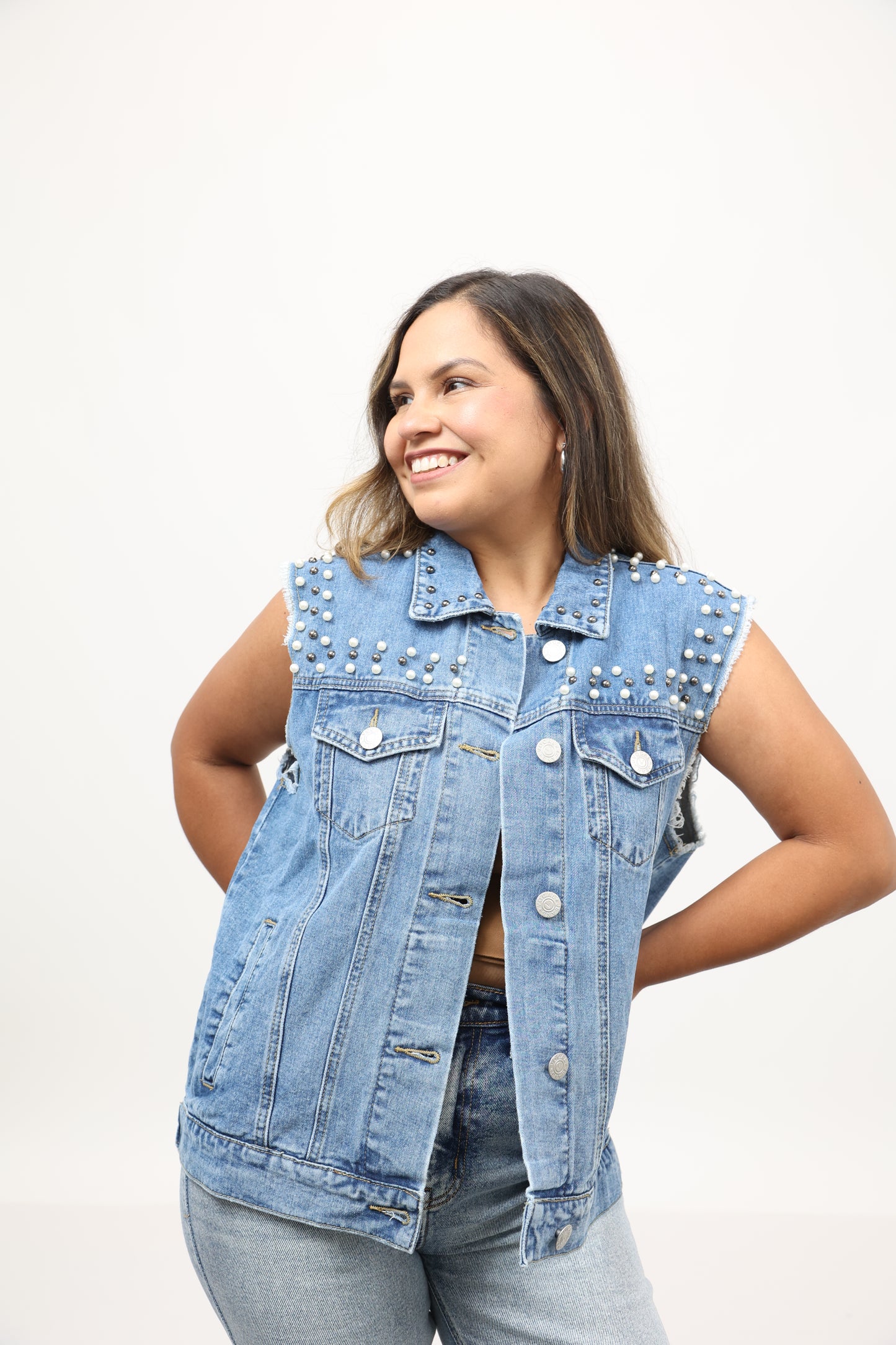 Denim Pearl Stud Vest