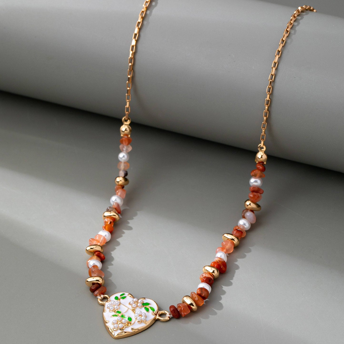 BEADED STONE CHAIN FLORAL PEARL HEART CHARM